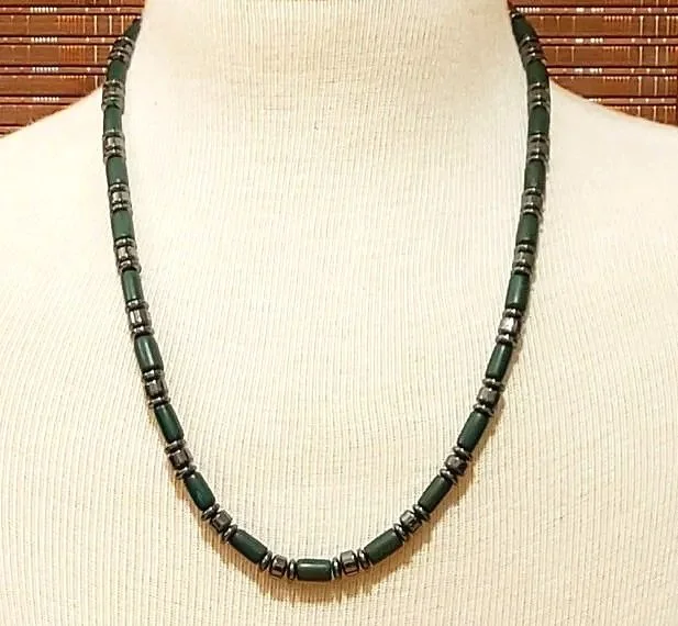 Men's Hematite and Green India Bone Necklace