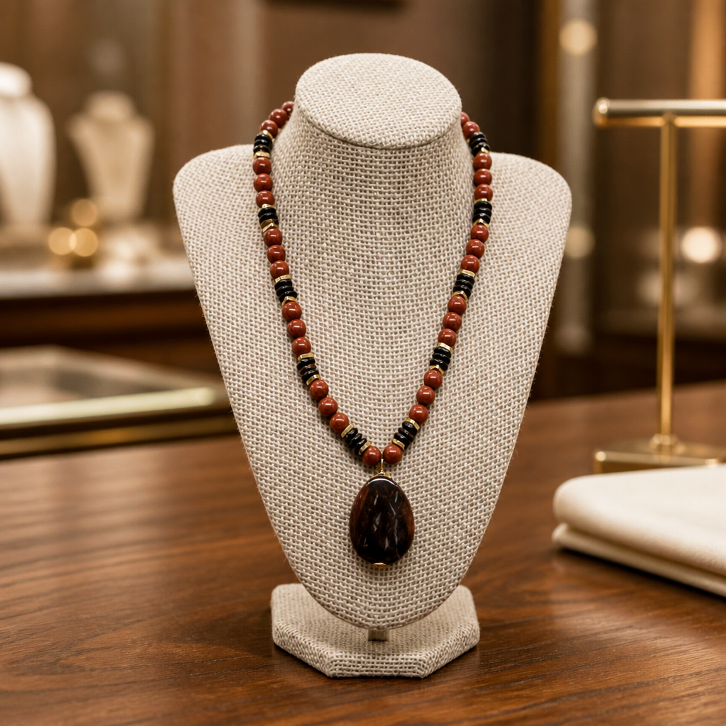 Red Jasper & Coconut Shell Statement Necklace