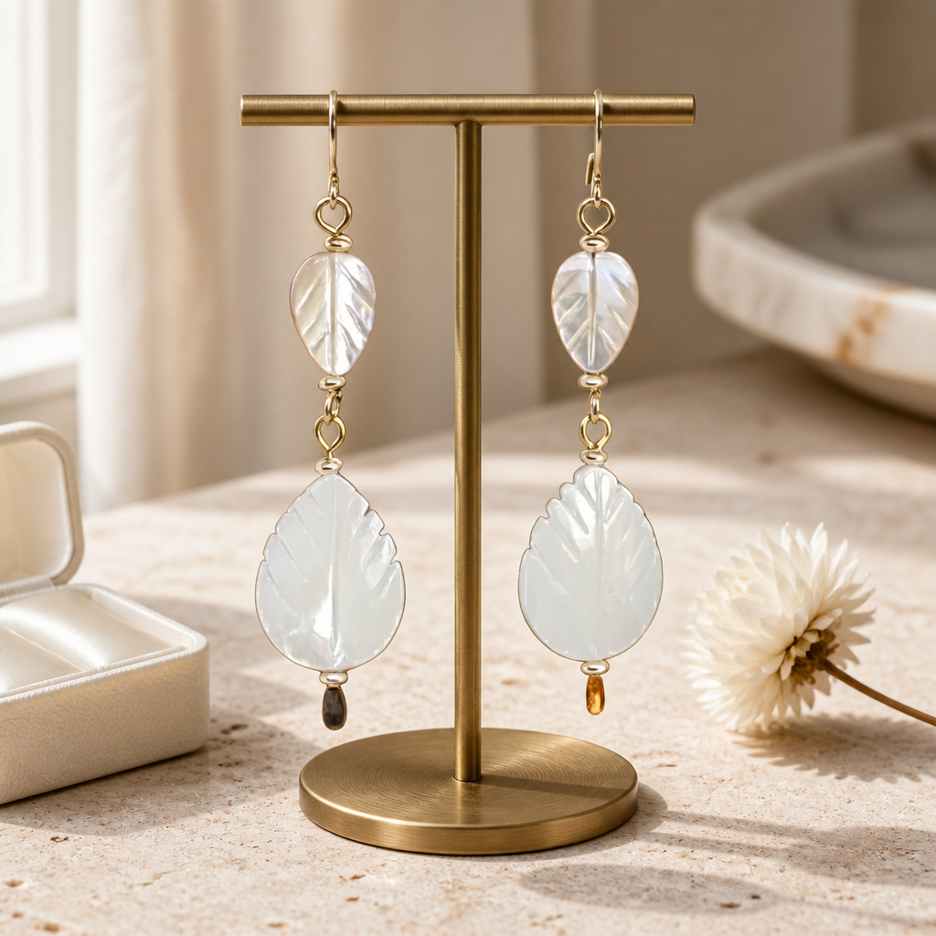 Mother of Pearl Carved Leaf Earrings