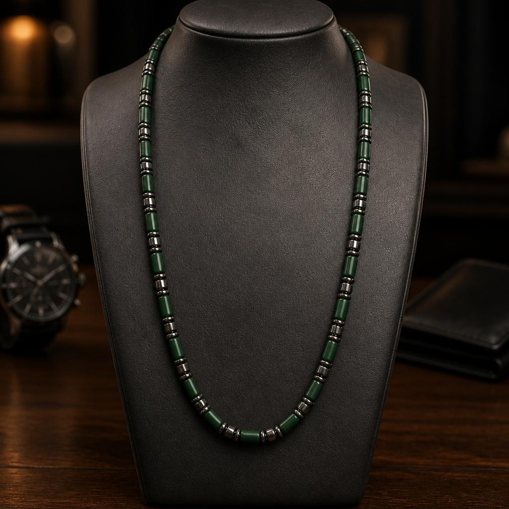 Men's Hematite and Green India Bone Necklace