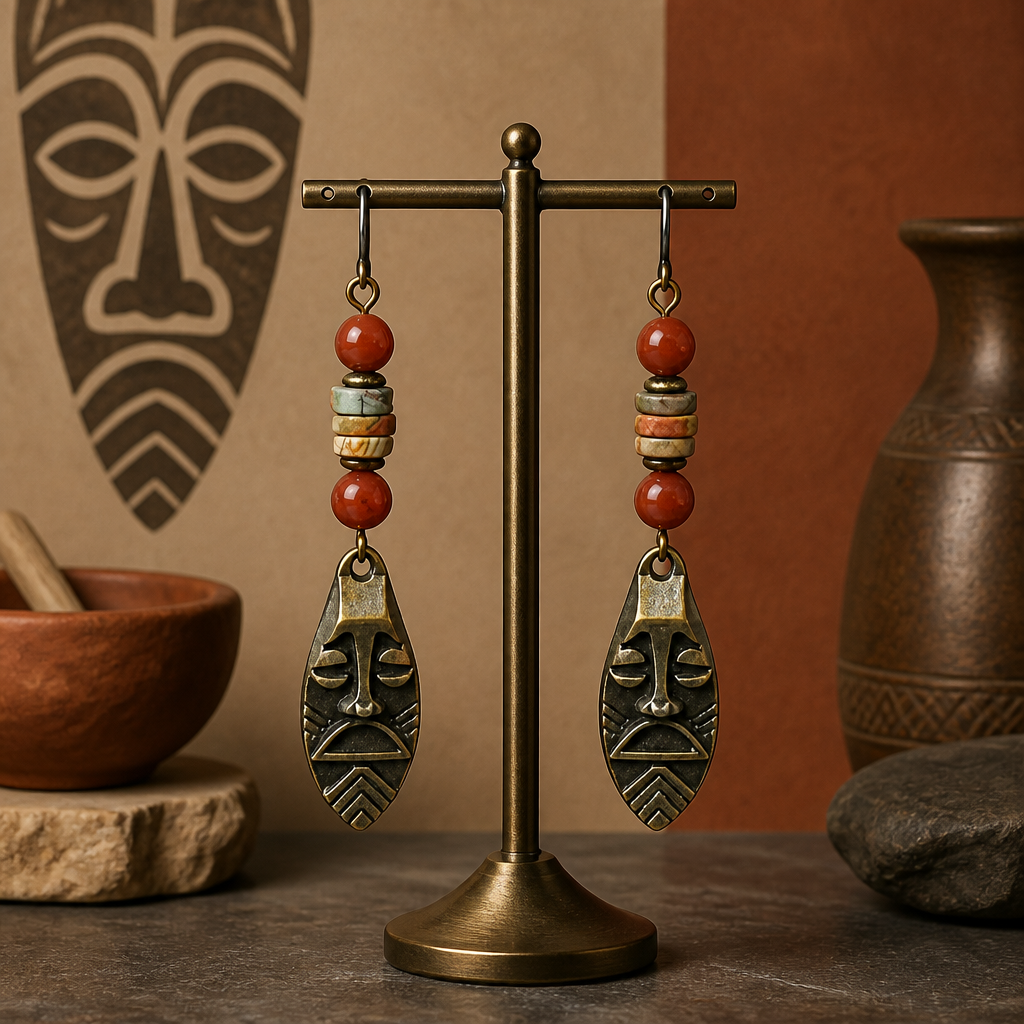 Red Jasper and Brass African Mask Earrings