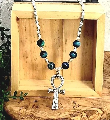 Falcon Eye and Silver Ankh Necklace