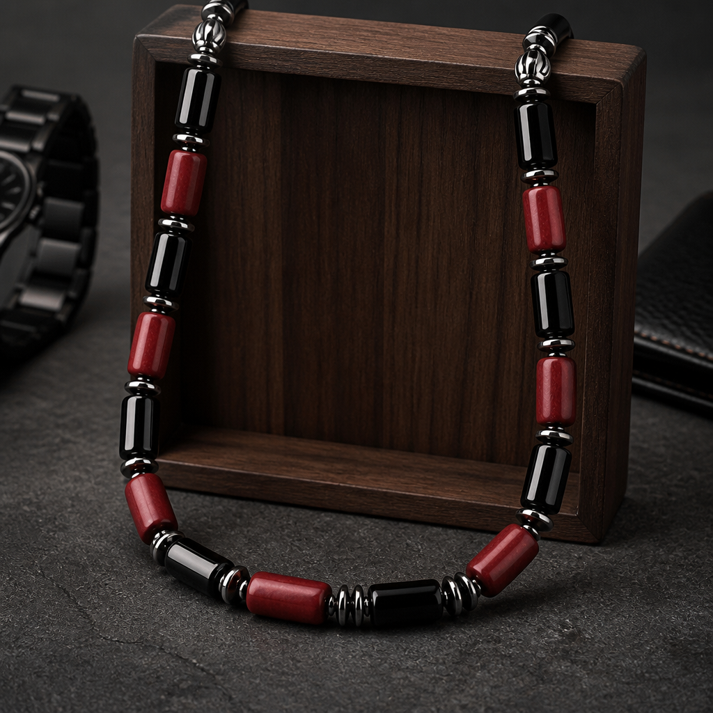 Men's Banded Agate and  Natural Wood Necklace