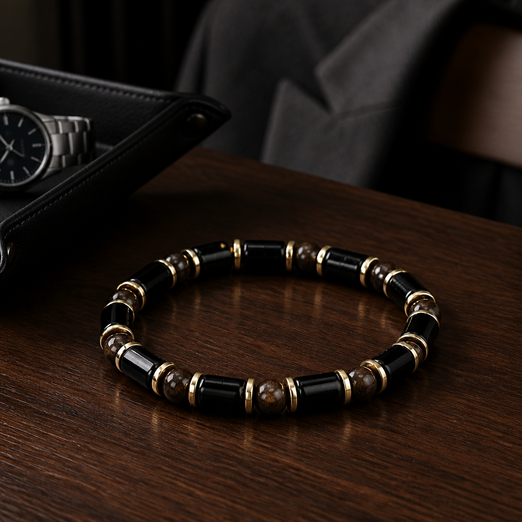 Men's Bronzite and Black Agate Bracelet