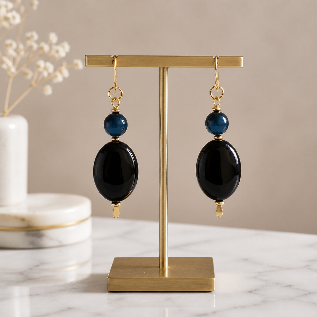 Blue Tiger Eye and Black Agate Drop Earrings