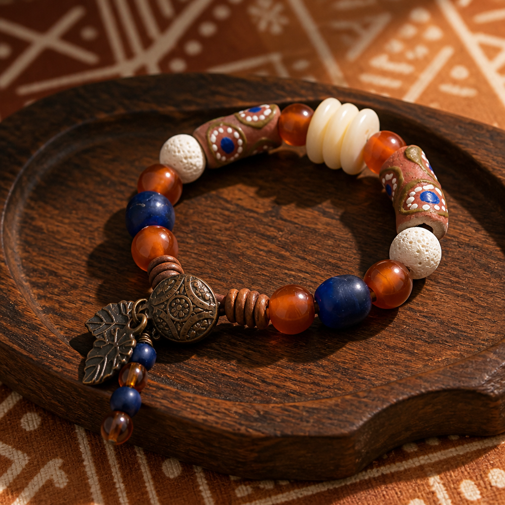 African-Inspired Orange and Blue Beaded Bracelet