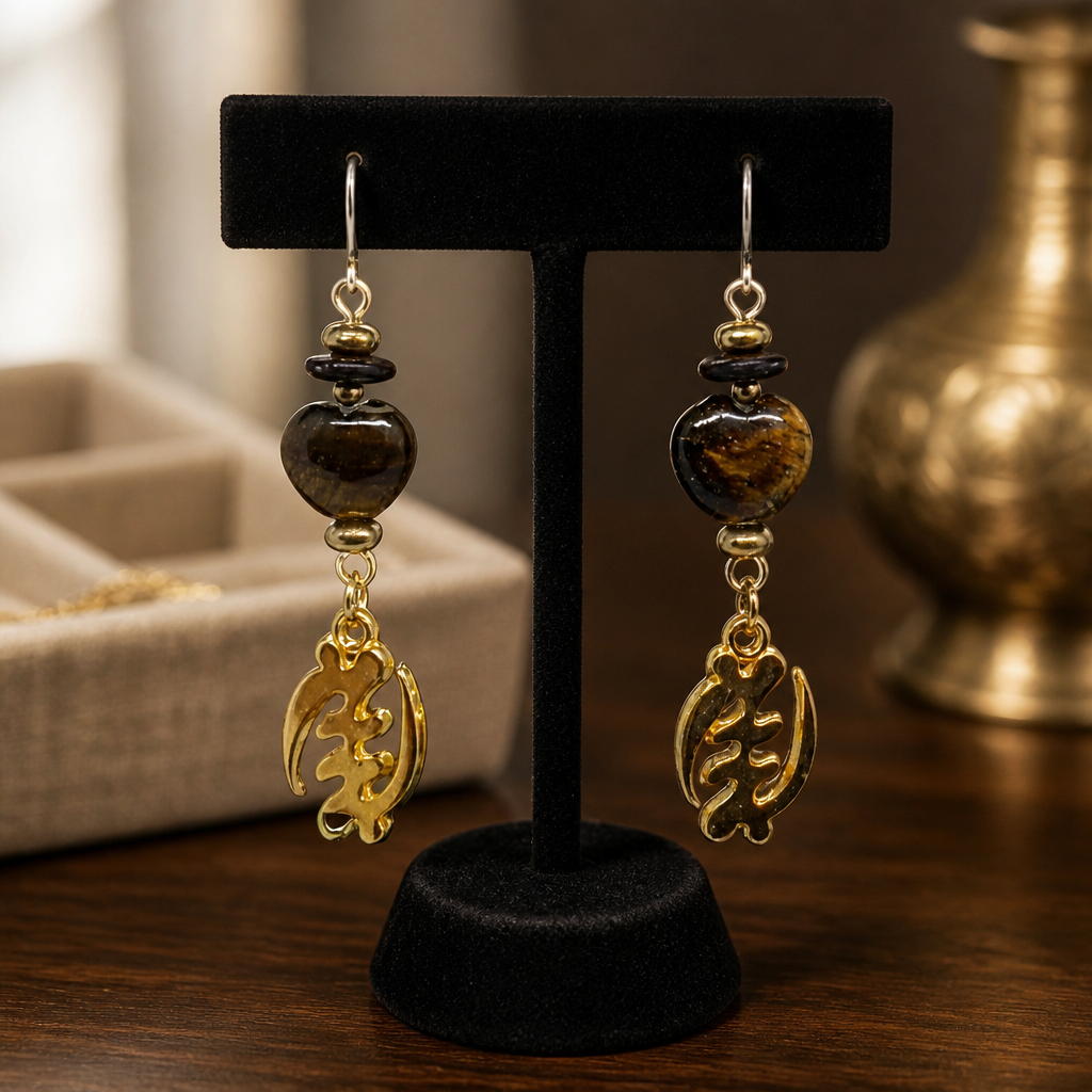 Tiger Eye and Gye Nyame Earrings