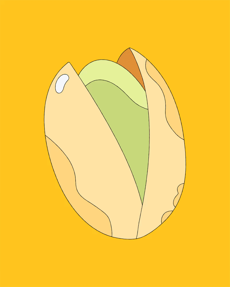 A stylized illustration of a pistachio nut with the shell partially open, revealing the green nut inside, set against a yellow background.