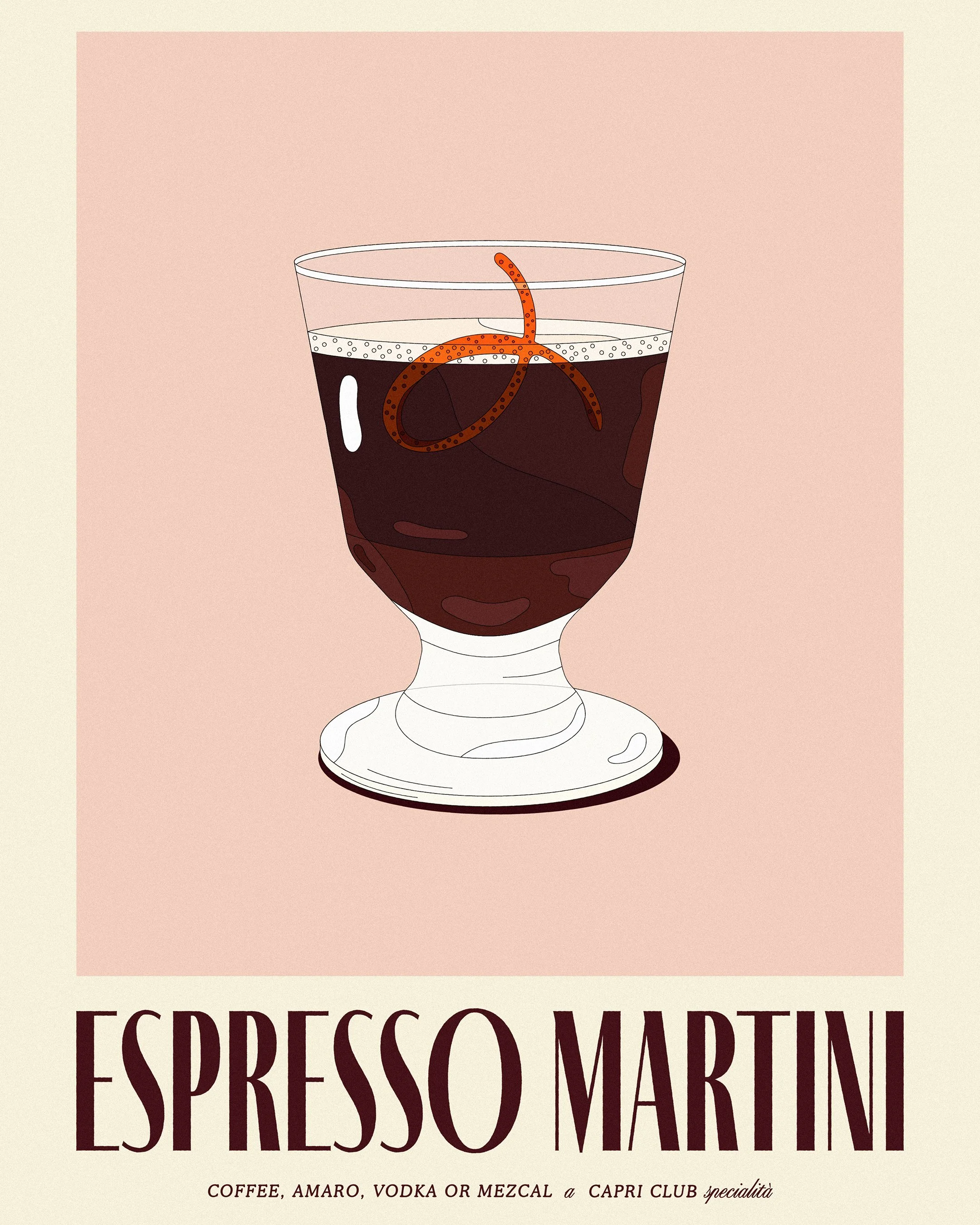 Capri Club Frozen Negroni print on table — hospitality illustration print for Los Angeles aperitivo bar
