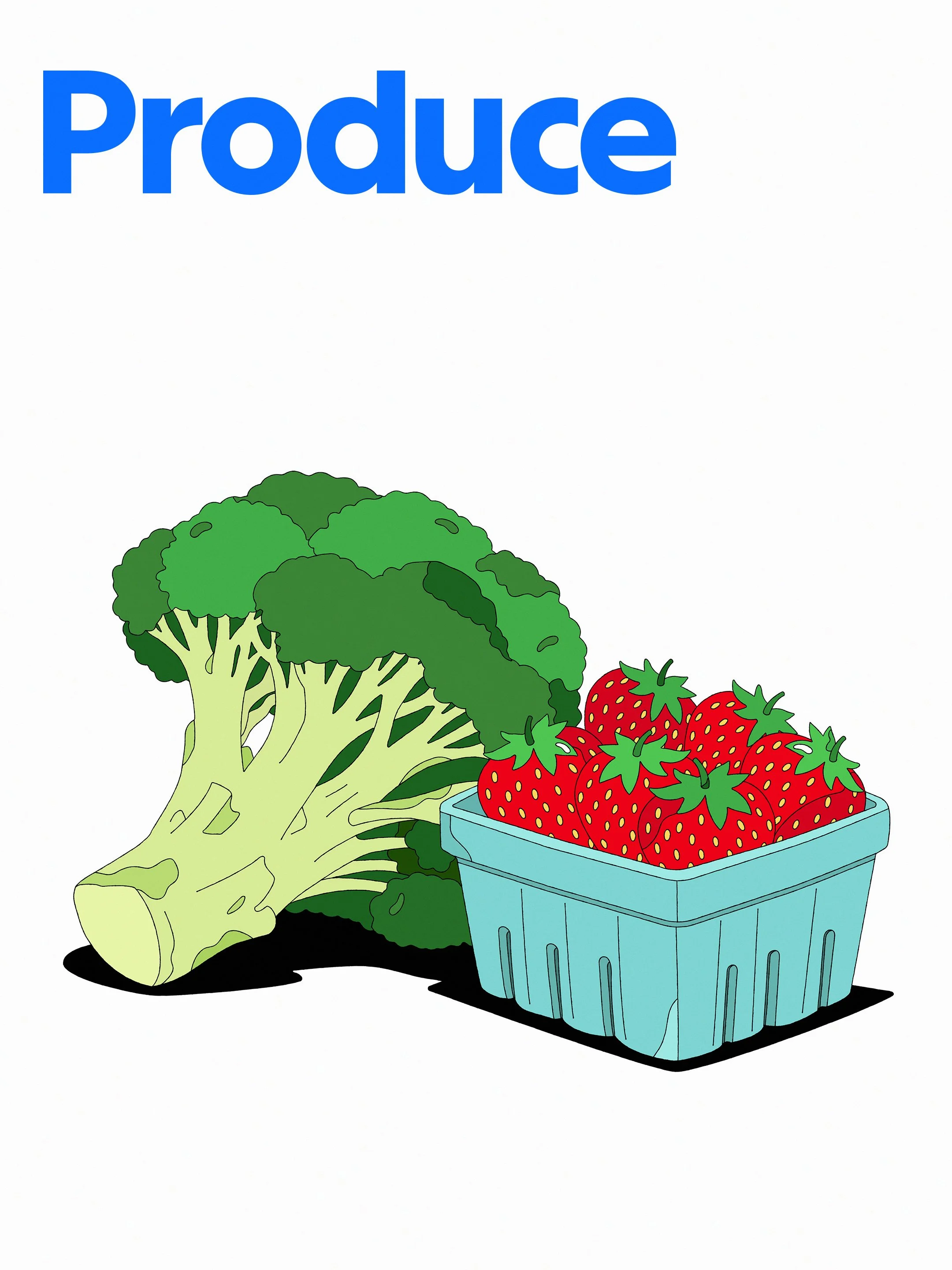 Broccoli and strawberries illustration for Sam's Club produce department — brand illustration system
