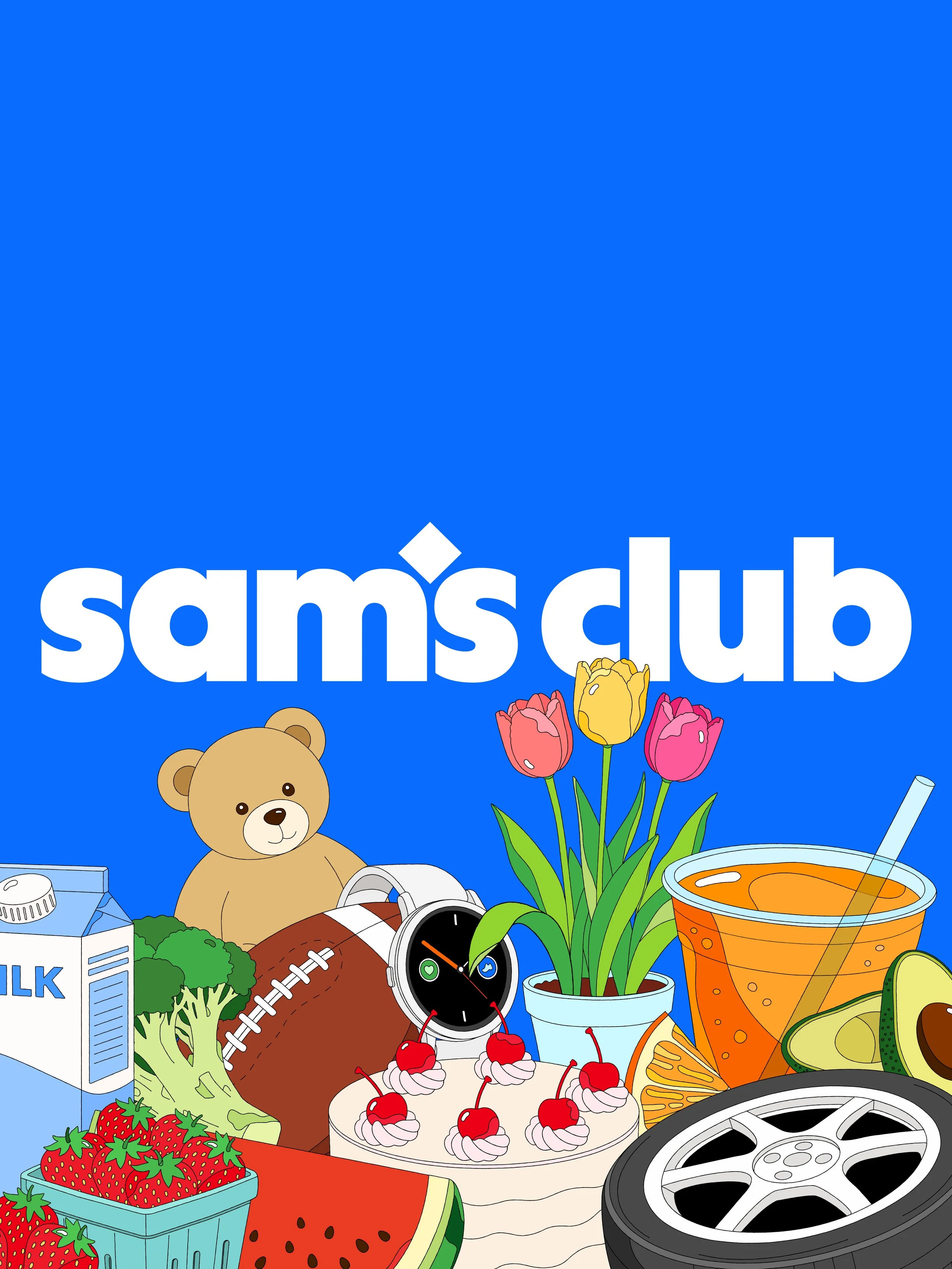 Sam's Club brand illustration hero — collage featuring a teddy bear, football, smartwatch, tulips, iced tea, avocado, and tire illustrating the retailer's new brand identity system across departments