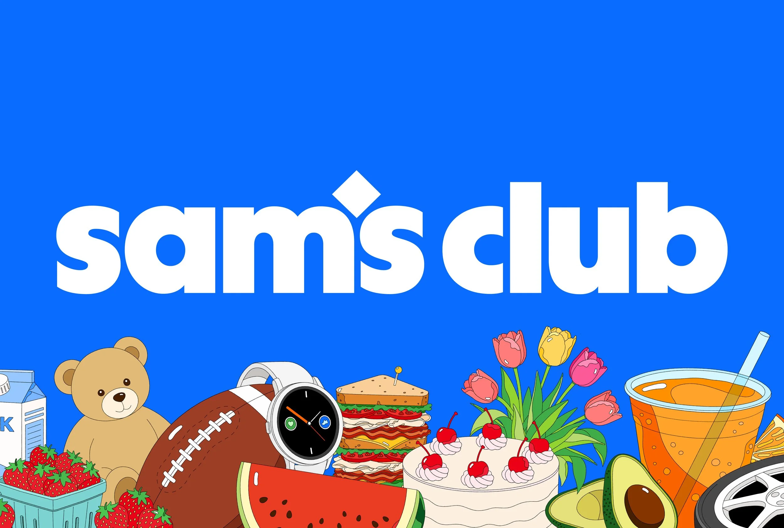 Colorful illustration with a blue background displaying various objects including a teddy bear, strawberries, watermelon, a sandwich, donuts, a bouquet of tulips, a soccer ball, a wristwatch, a cup of orange juice, a carton of milk, a slice of pizza, and the word 'sameduh' in large white letters.