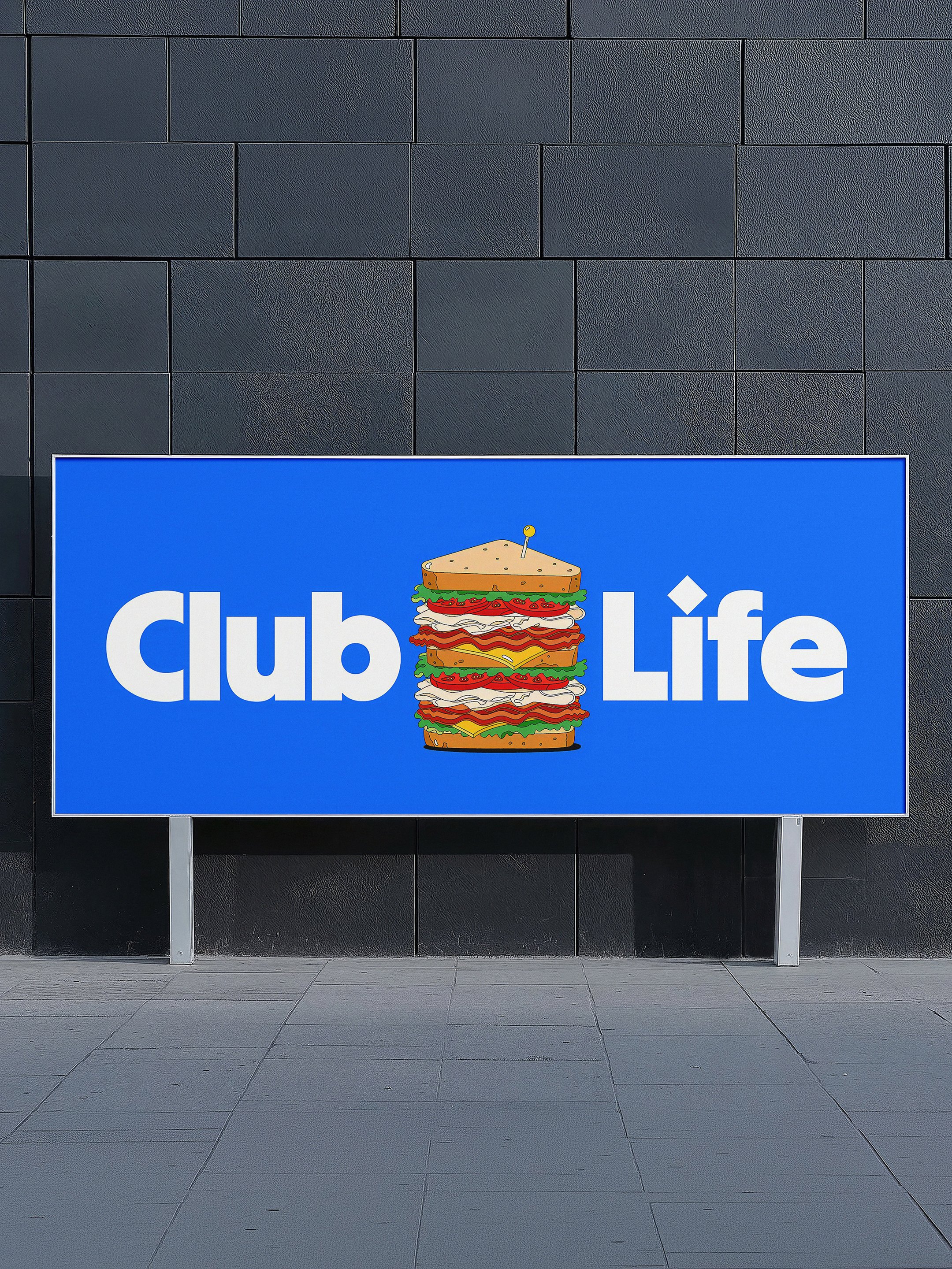 Sam's Club "Club Life" signage mockup featuring illustrated sandwich icon — brand identity applied to environmental signage