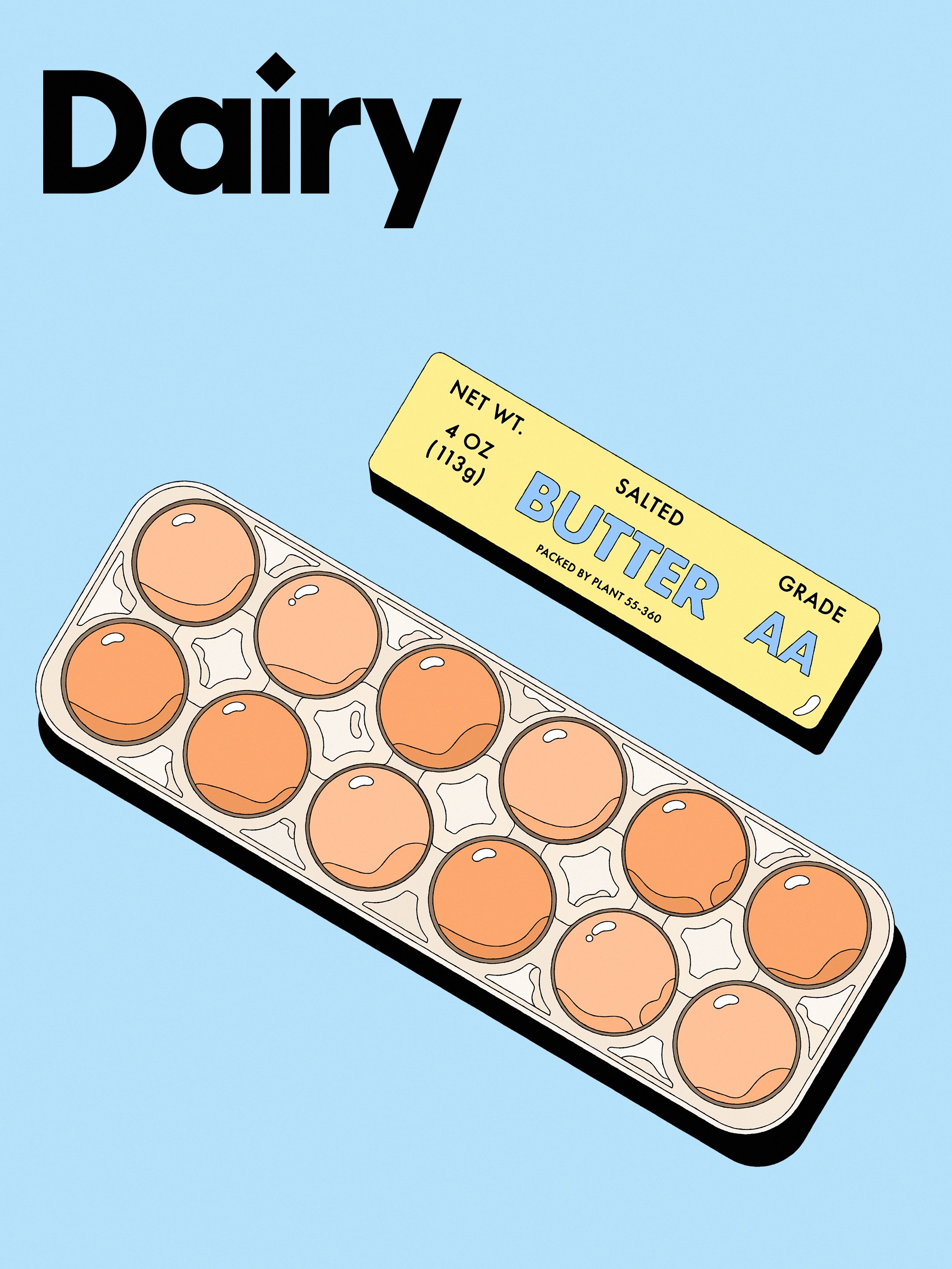 Egg carton and butter illustration for Sam's Club dairy department — brand illustration system