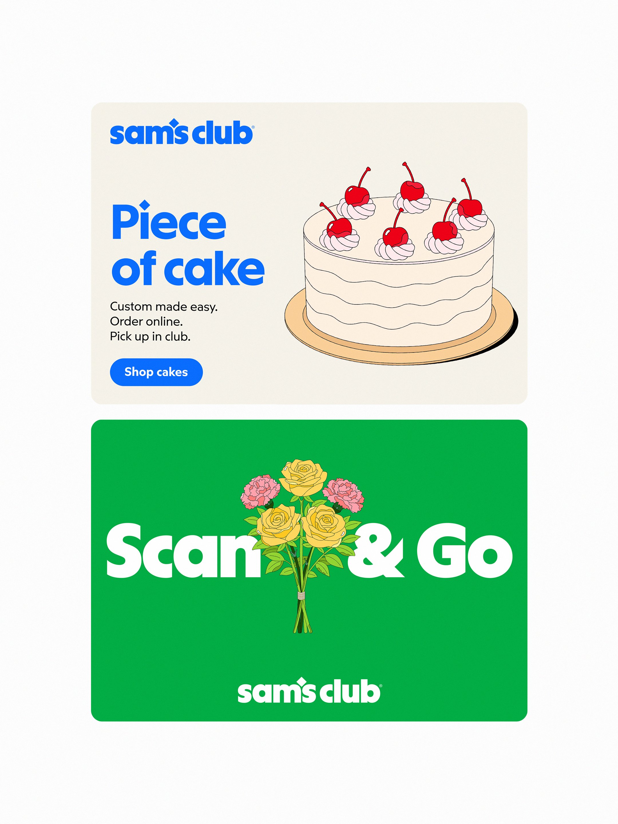 Sam's Club digital and in-store touchpoint illustrations — Piece of Cake bakery graphic and Scan & Go floral icon