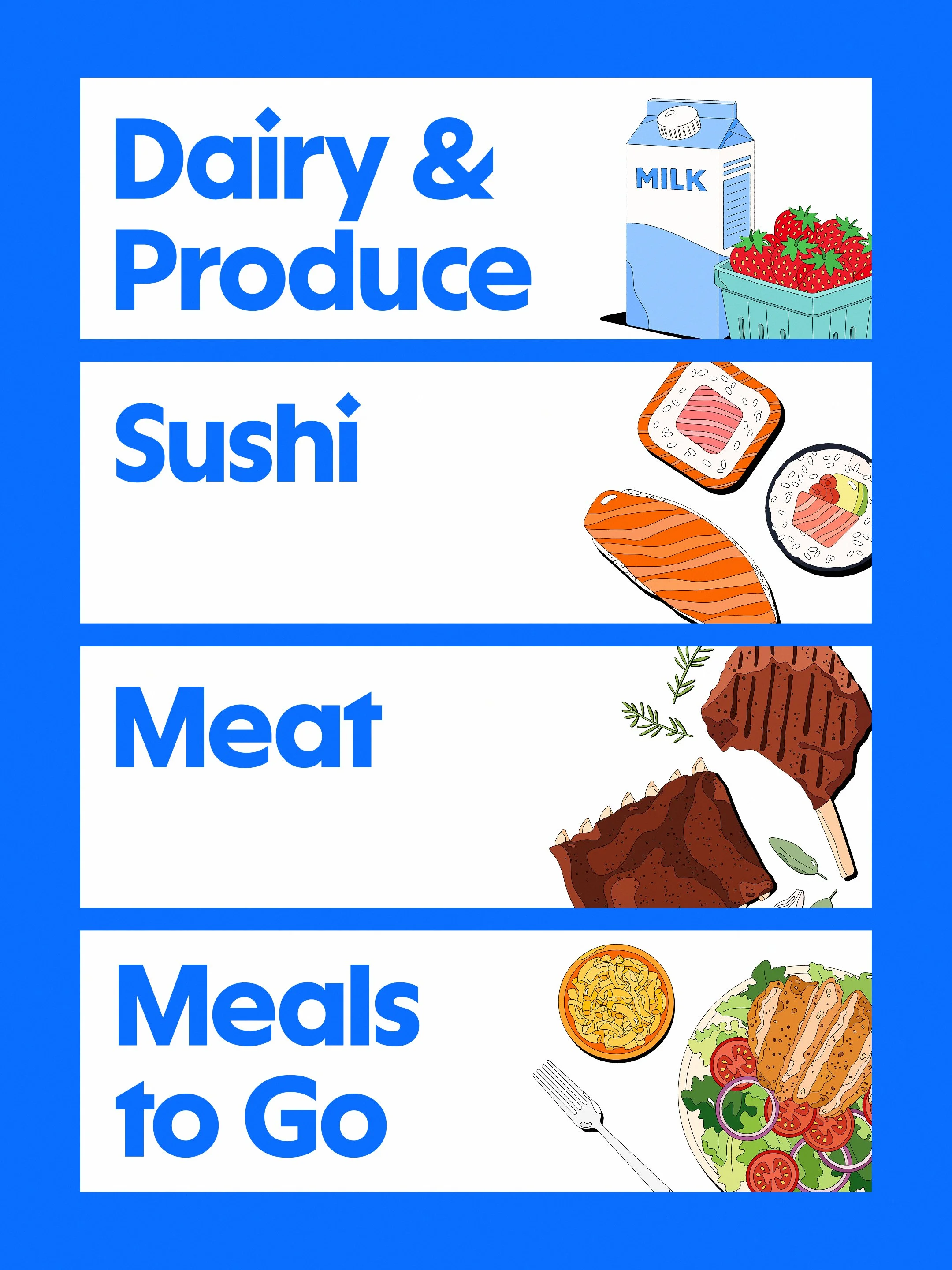 Multi-department illustration composite for Sam's Club — dairy, produce, sushi, meat, and meals to go categories