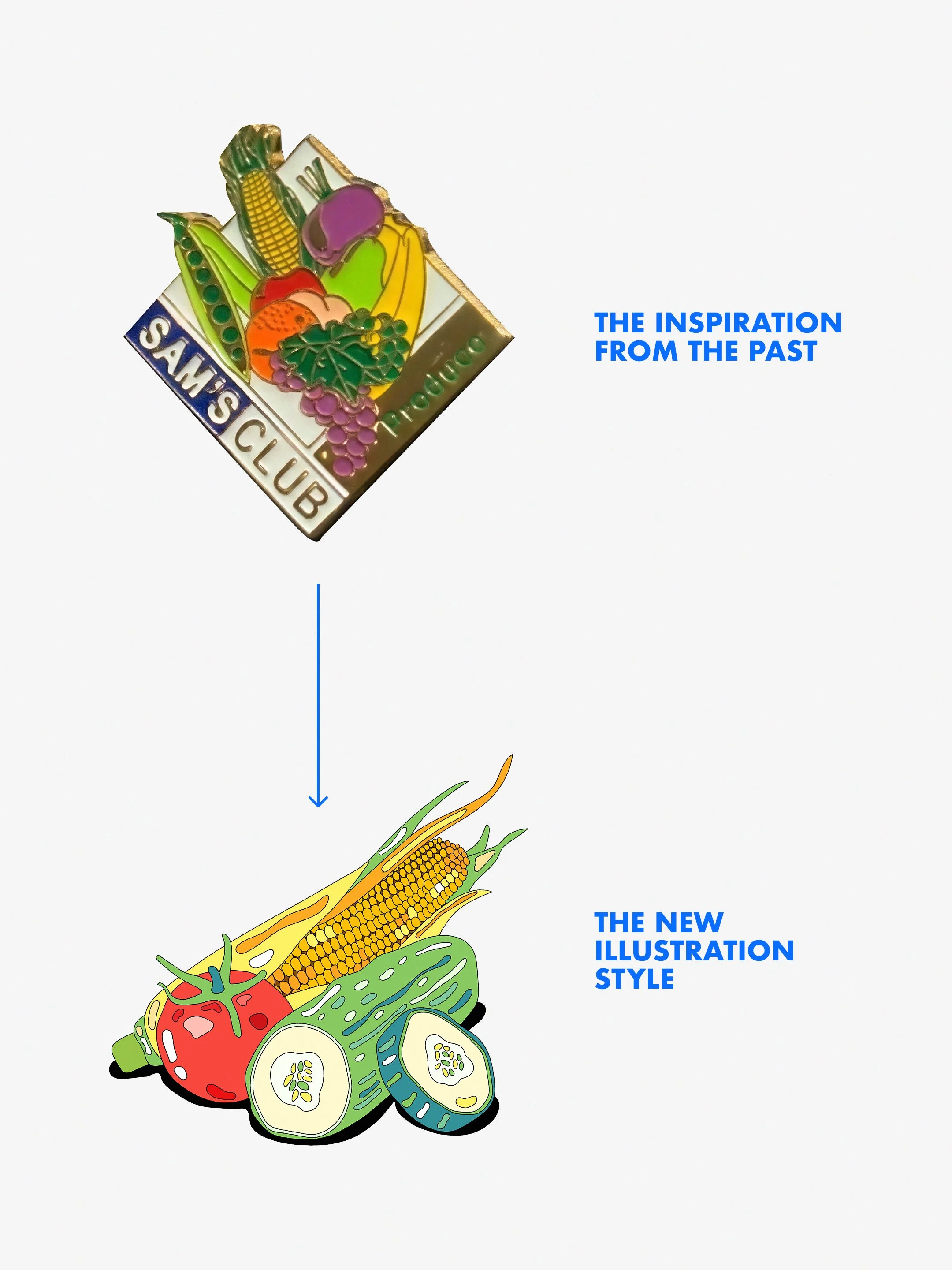 Sam's Club vintage pin illustration compared to new produce illustration style — origin of the brand's new illustration system