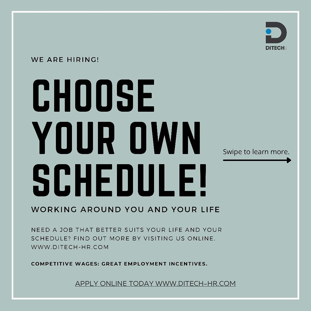 ⏱Time Freedom Work Program: Allowing YOU to choose a schedule that best suits your life. #nowhiring - Competitive wages 💵and great part time employee incentives. ➡️Apply online today www.ditech-hr.com