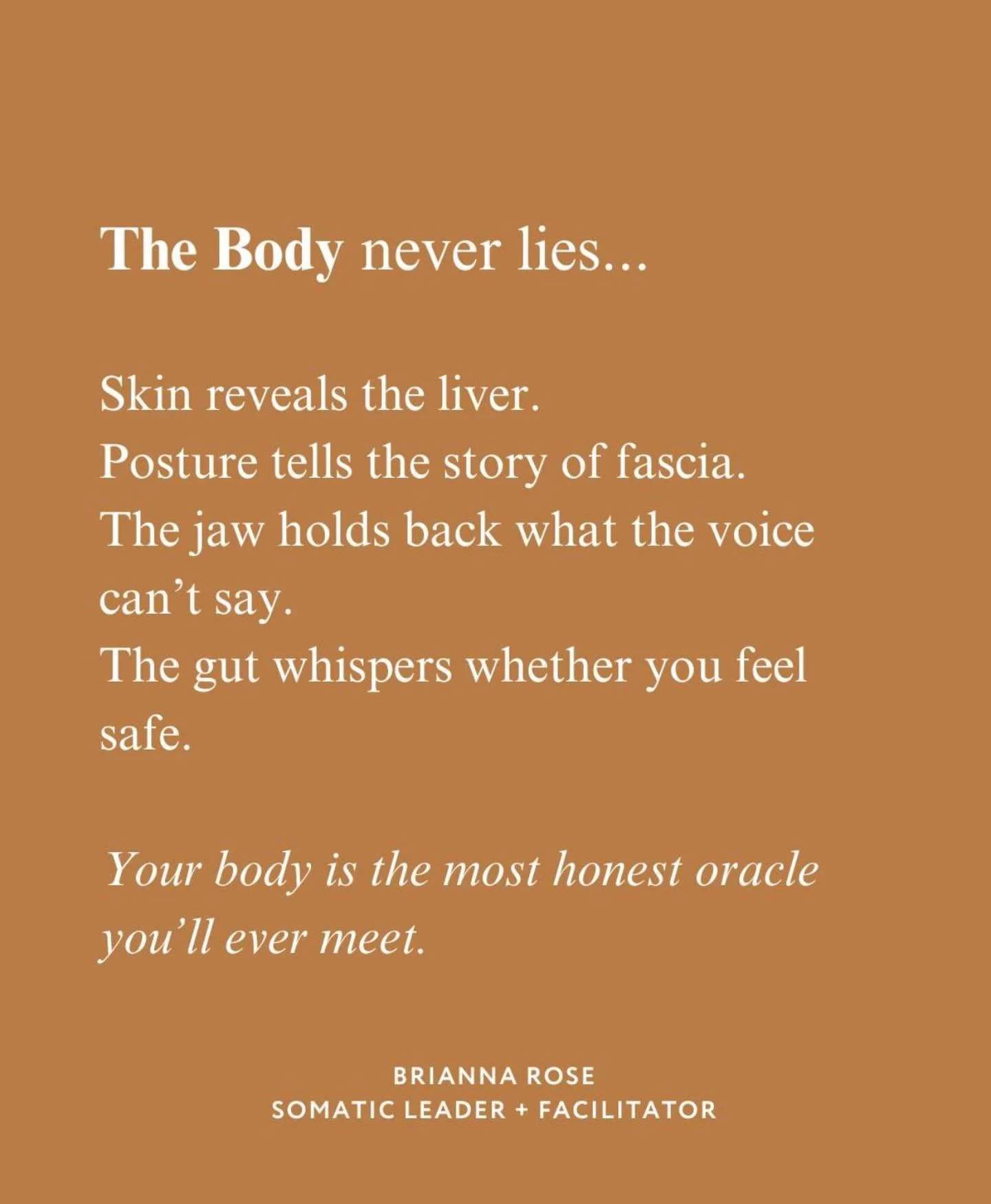 Your body is always speaking.
Through your skin, your posture, your jaw, even your breath.

Every cue is a reflection of what&rsquo;s happening inside.

When you learn how to read these signs, you realize:
the body has been honest all along.
And she 