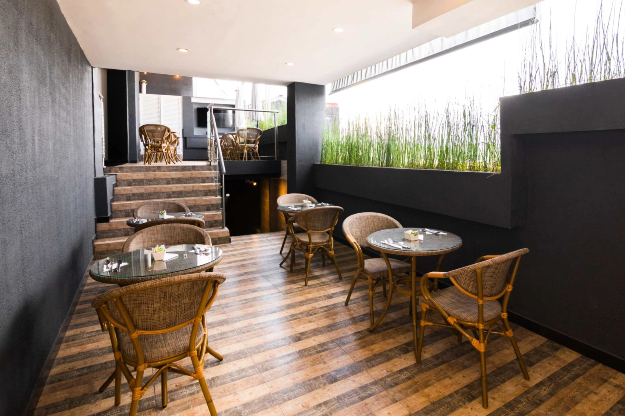 Área de terraza interior con mesas redondas y sillas de mimbre, piso de madera y plantas decorativas en el fondo.