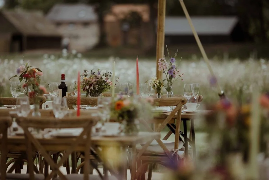 Marquee summer wedding flowers in Northumberland.