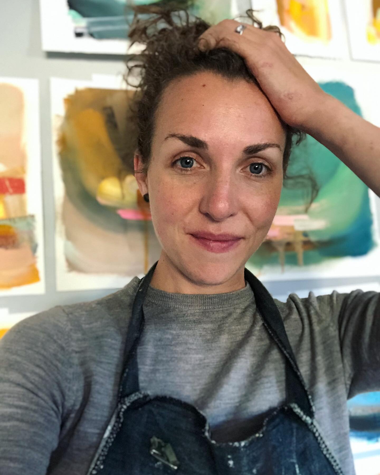 My makeup bag has been missing for 3 days&hellip; but I took a selfie anyway. 🫠
I am releasing a big batch of work online tomorrow. So, soon these paintings that have surrounded me in the studio for weeks will be packed up and gone. I wanted to mark