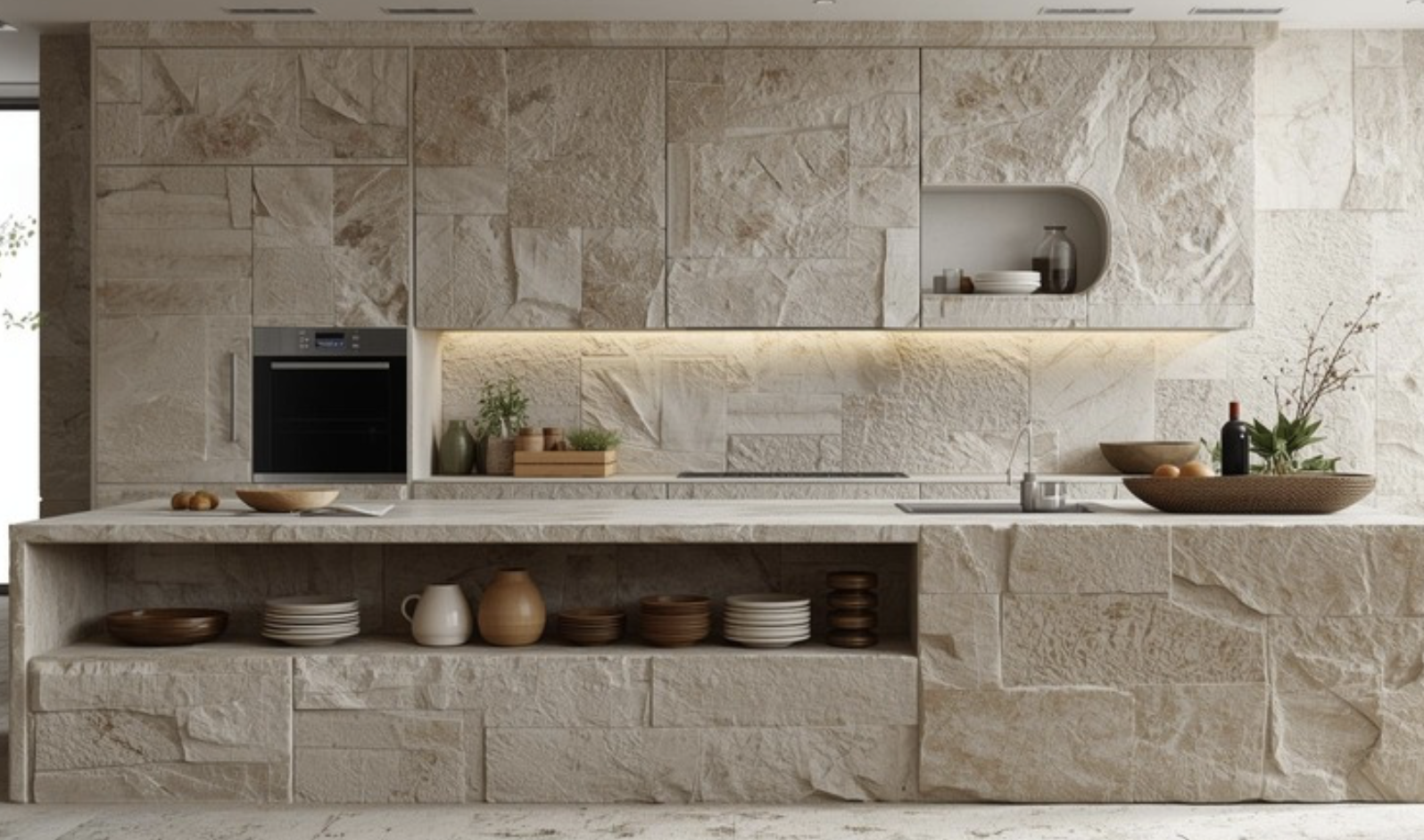 artificial rock feature walls in kitchen