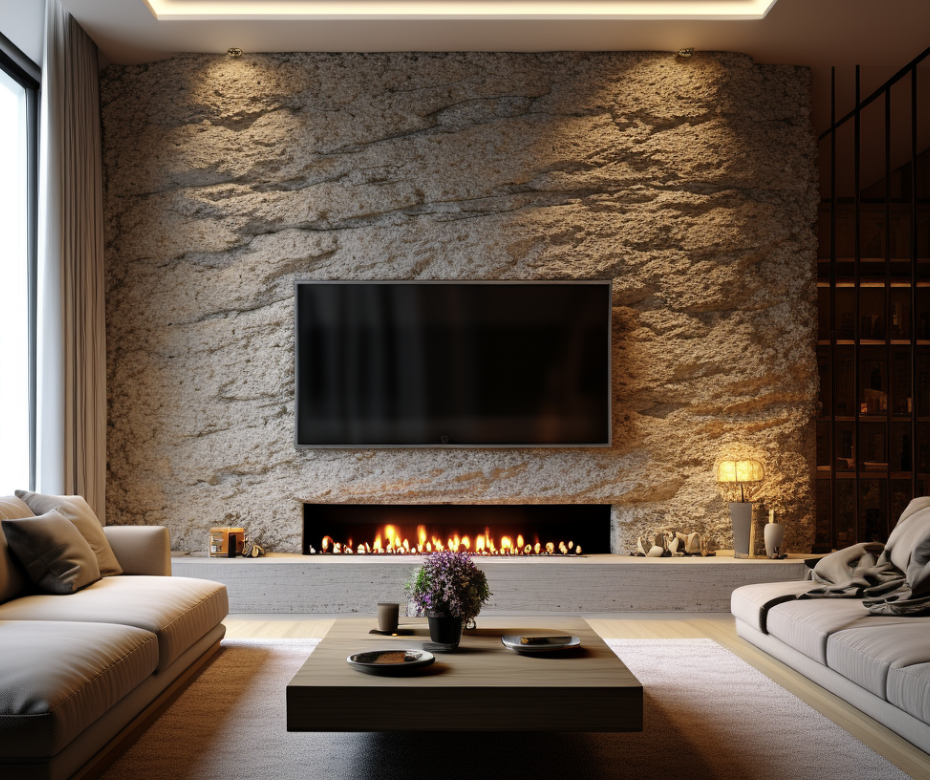 artificial rock feature wall and fireplace