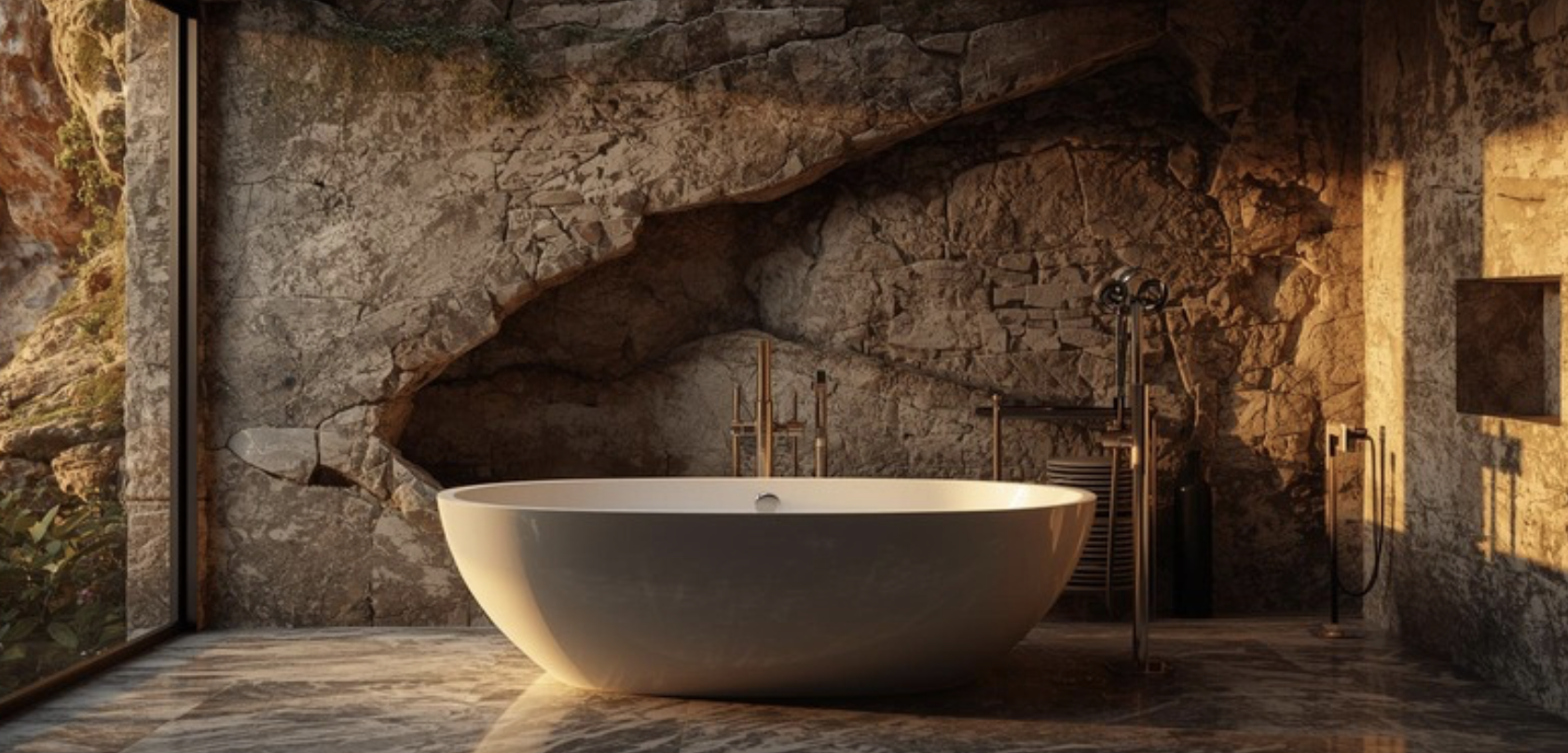 faux rock wall in a bathroom