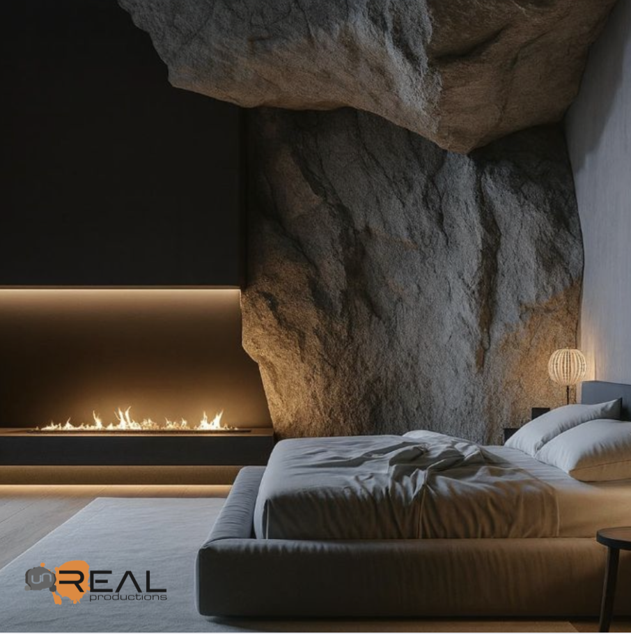 AI generated image of artificial rock bedroom