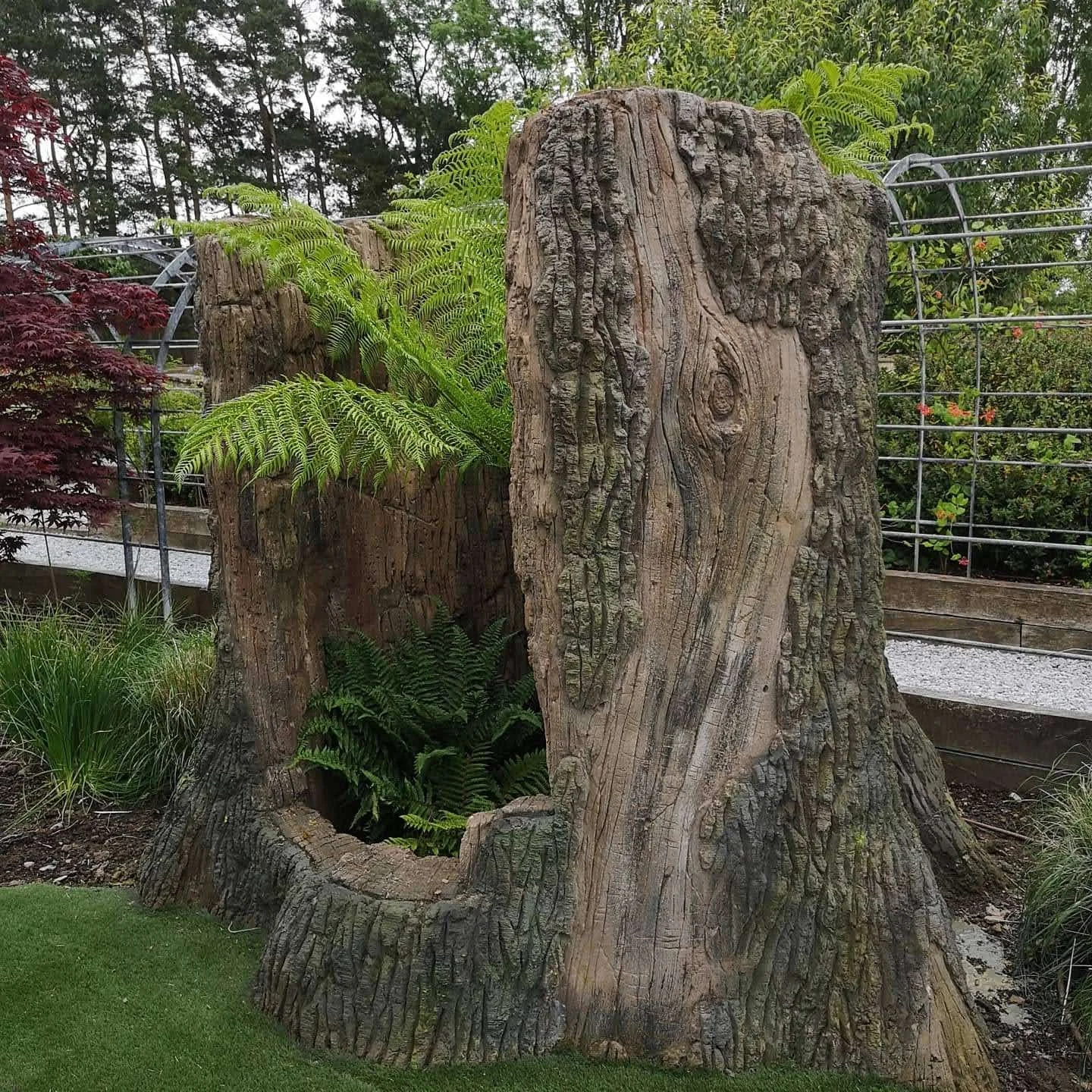 concrete shared and carved onto a tree stump