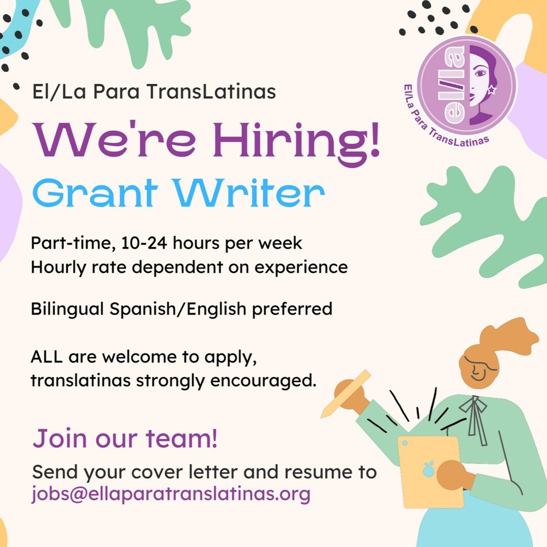 We're hiring a part-time grant writer! Check out the photo for more details and spread the word.
__
&iexcl;Estamos contratando a unx escritorx de subvenciones a tiempo parcial! Mira la foto para m&aacute;s detalles y corre la voz.