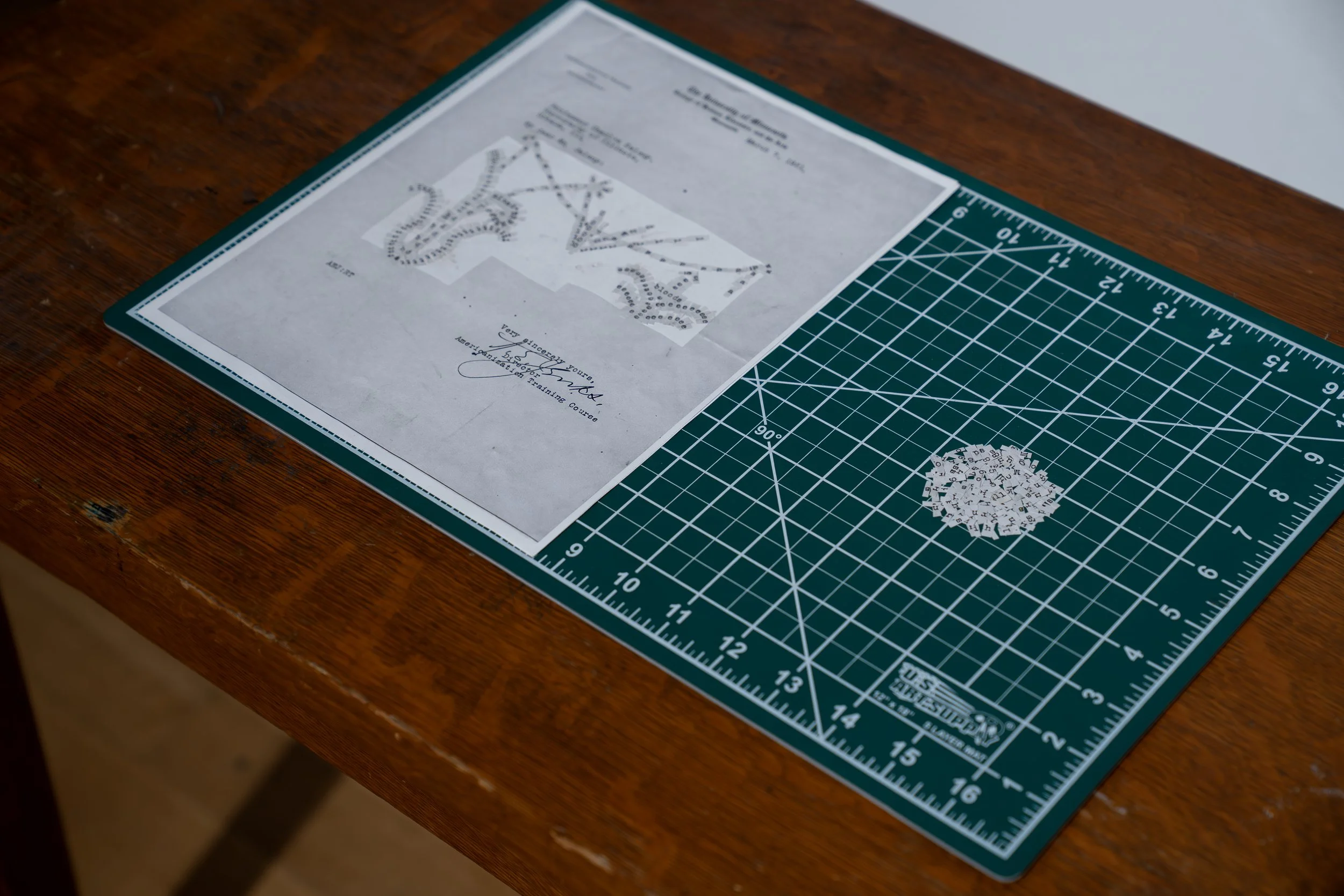 Gwyneth Zeleny Anderson, 
Mixed-Bloods, 
2026, 
A letter to the artist's eugenicist great- 
grandfather, self-healing cutting mat, wood 
desk found in the basement of Temple  
University's student center. 
Dimensions variable 