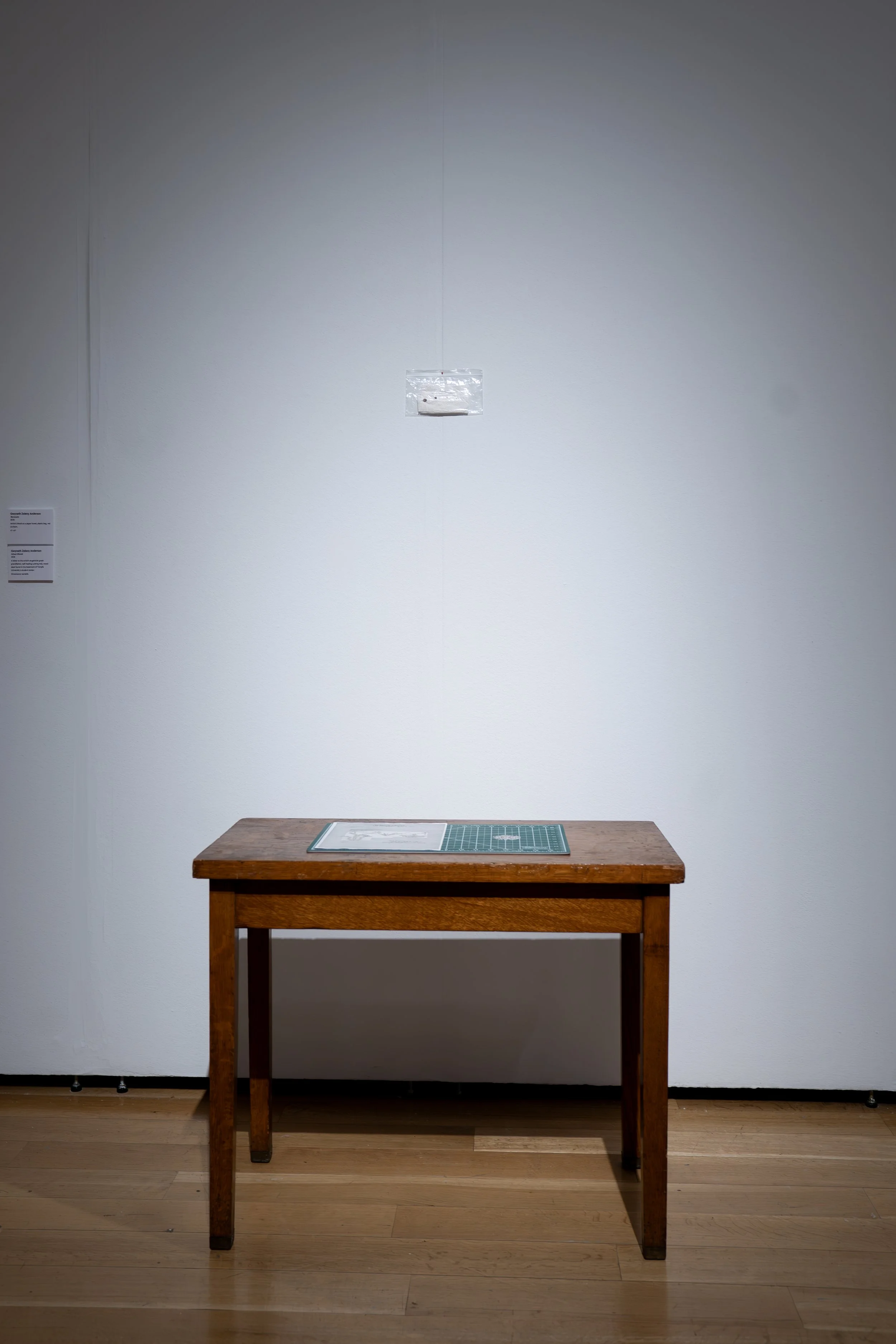 Gwyneth Zeleny Anderson, 
Recession,
2026, 
Artist's blood on a paper towel, plastic bag, red  
pushpin. 
4" x 6" 
and
Gwyneth Zeleny Anderson, 
Mixed-Bloods, 
2026, 
A letter to the artist's eugenicist great- 
grandfather, self-healing cutting mat, 