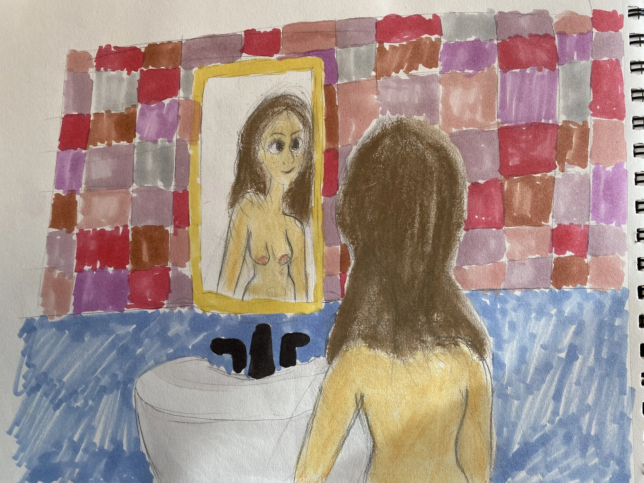 "Research Reflection Piece" 2023, Pencil with Color Pencil and Artist Markers, 8.5” x 
11”