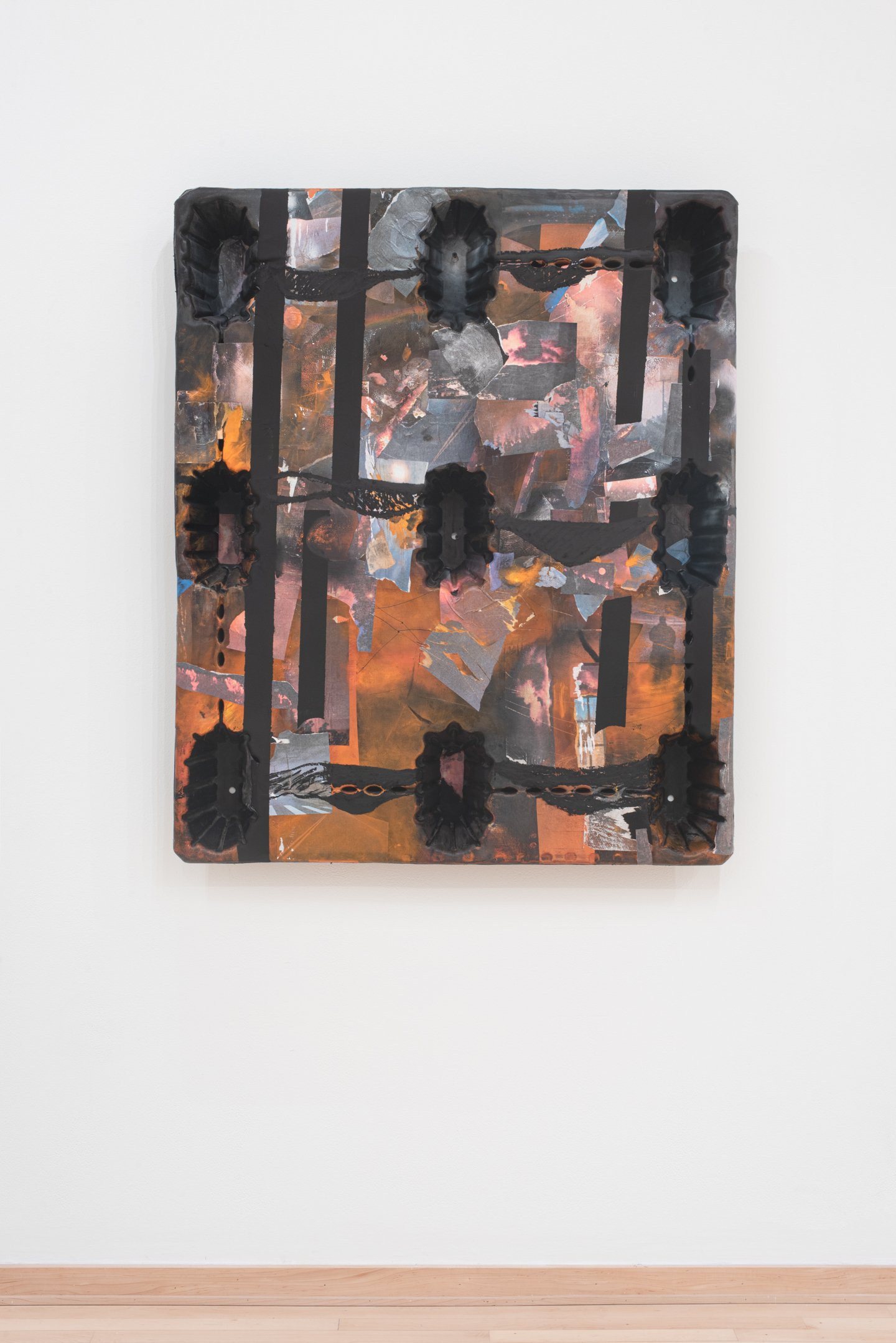 "Fireproof," Found USPS pallet (31st and Spring Garden), collage, acrylic, flashe, polyurethane, and oil stick, 48”x 40”, Photo Credit: Neighboring States