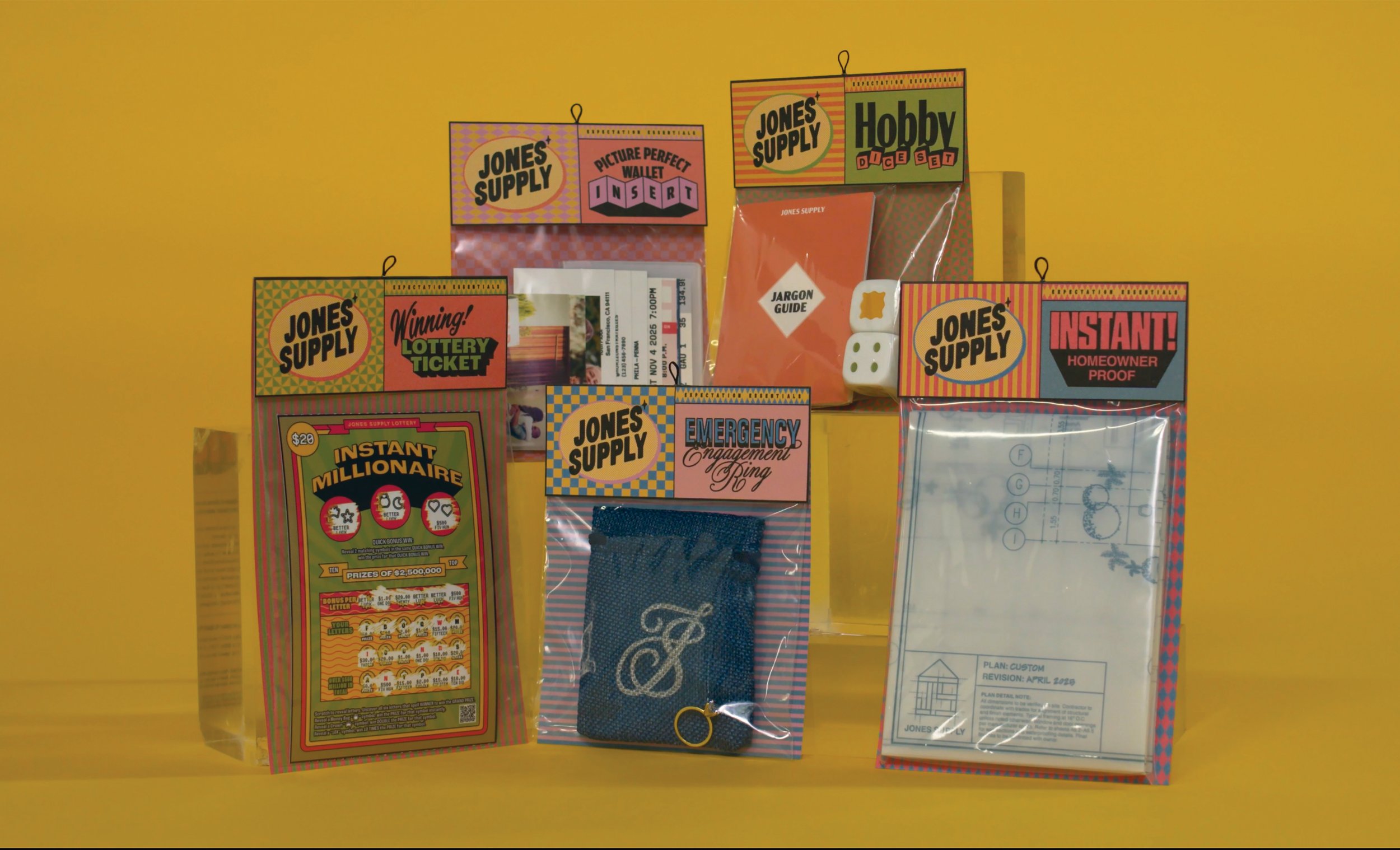"Jones Supply: Expectation Essentials"(products)
Matte paper, laminated paper, vellum paper, plastic, paint, cotton, metal. Dimensions variable.
Photo credit: Chris Kopinto.