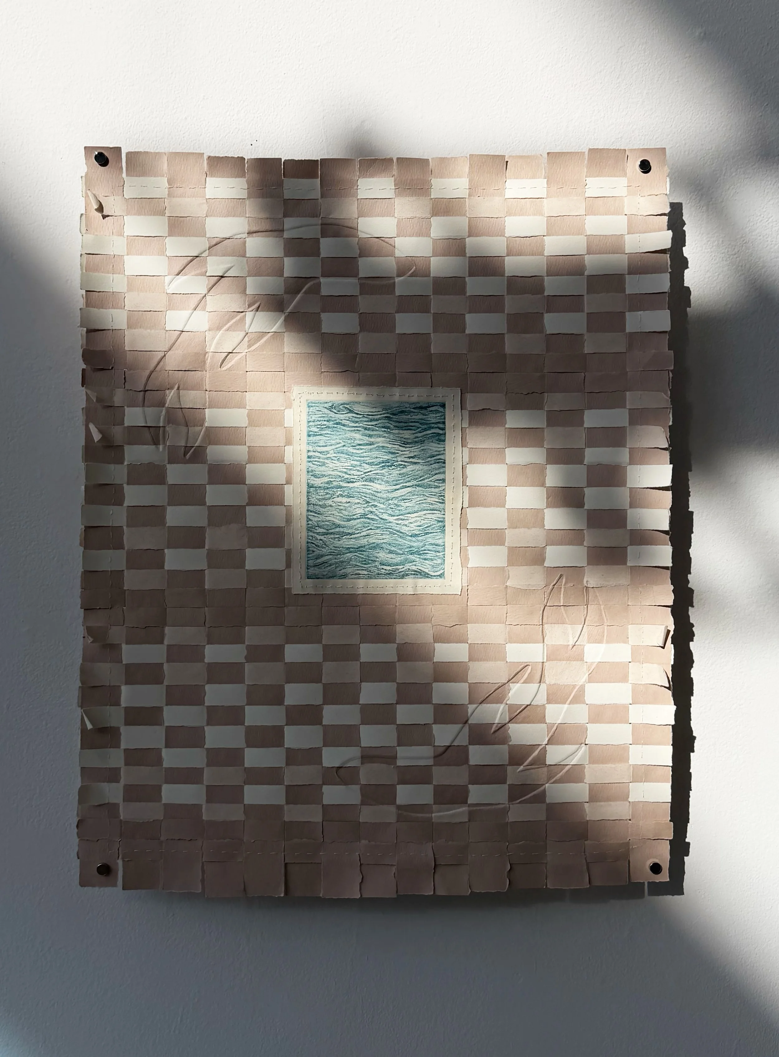     "Surrounded" 2025, copper etching, collagraph, woven paper, 16" x 20"