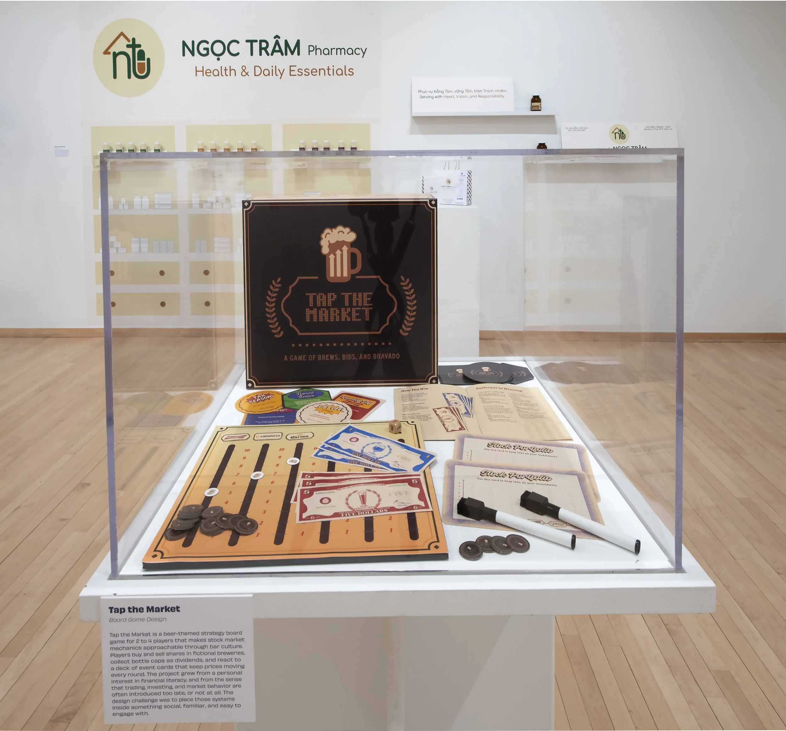 "Tap the Market: A Game of Brews, Bids, and Bravado" (detail) 
Inkjet print on paper and chipboard, game box, game board, event cards, player portfolios, play money, bottle-cap tokens, die, and dry-erase markers. Dimensions variable. 
Photo credit: J
