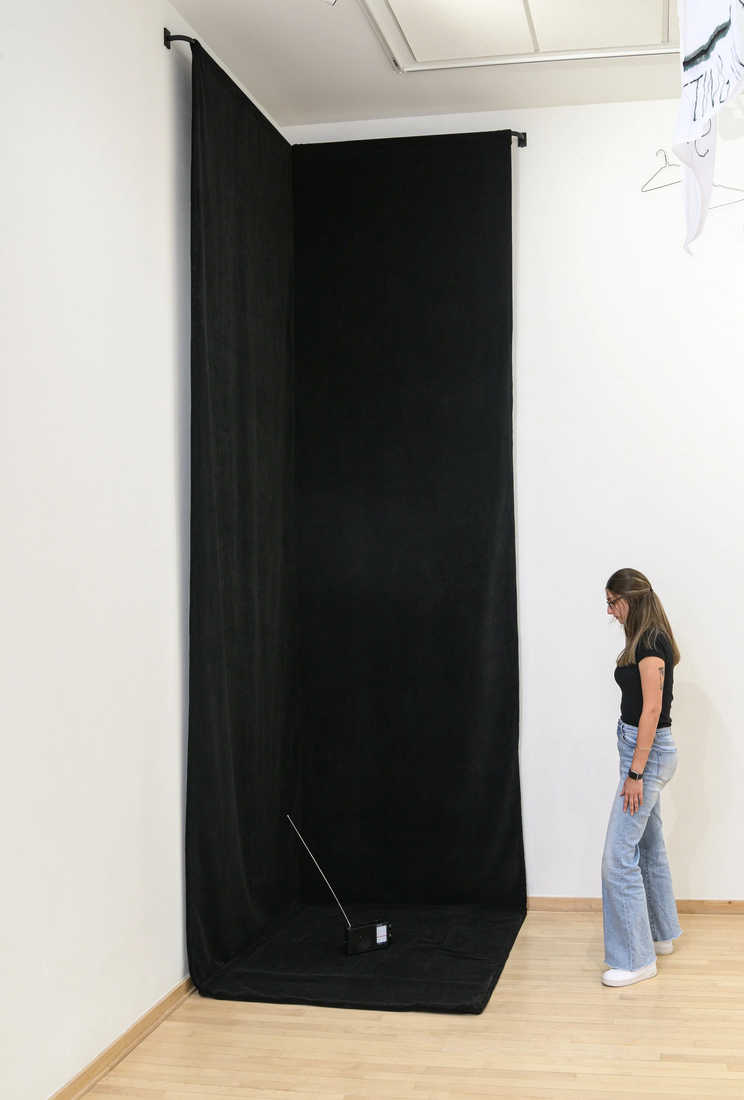 "Dream Radio"
Looped broadcast of dreams from people who live near or spend time at Temple University, radio tuned to 88.8 FM,
sound absorbent fabric. 163" x 48" x 48".
Photo credit: Constance Mensh.
