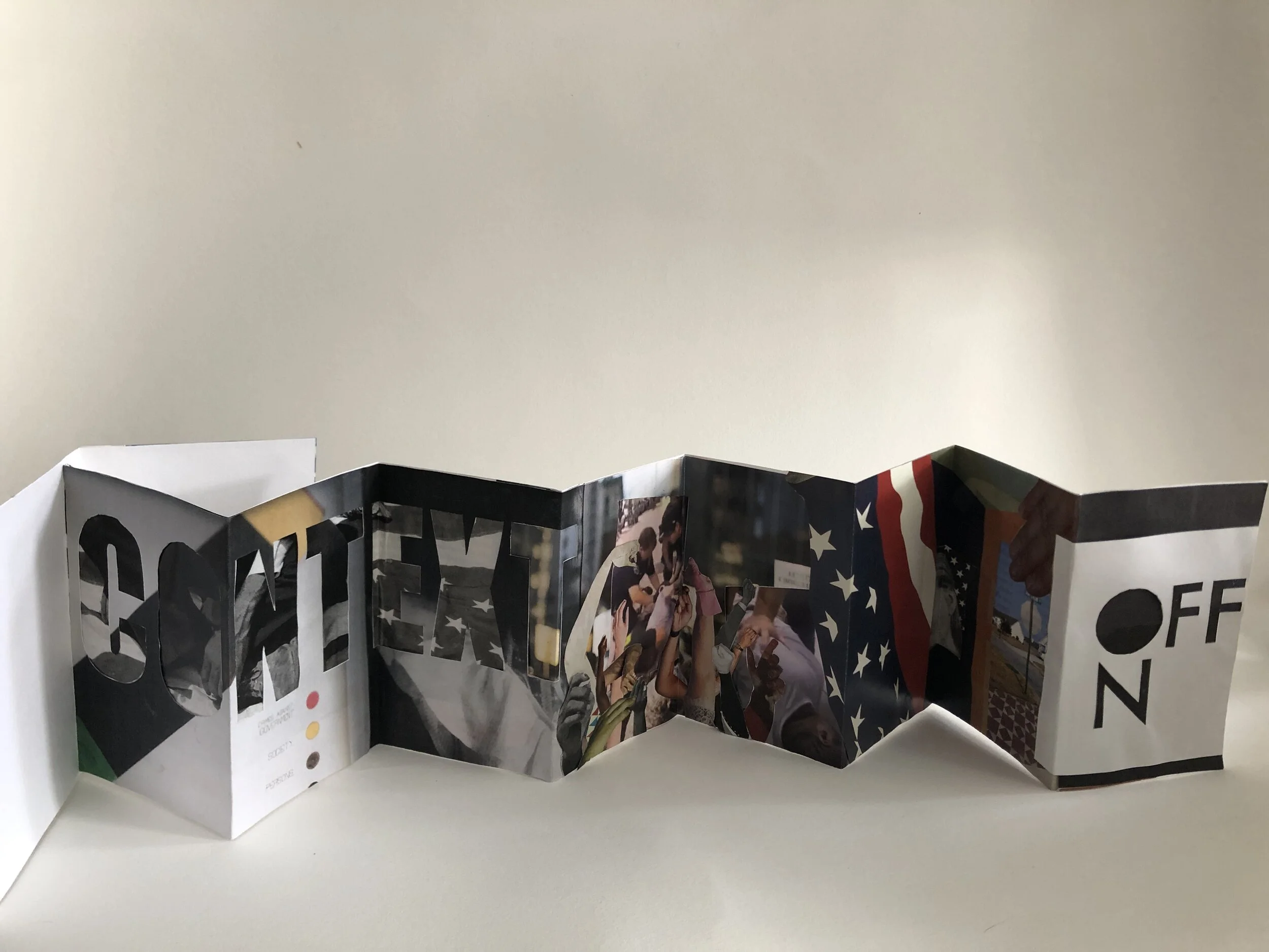 "A reflection on context," 2020, magazine collage and paper, 5.5" x 3.5" x .75" (closed), 5.5" x 30.5" x .75" (open).
