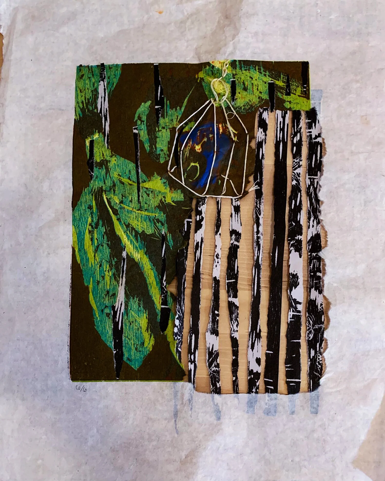“caged,” 2020, color reduction wood cut print, 8” x 10”