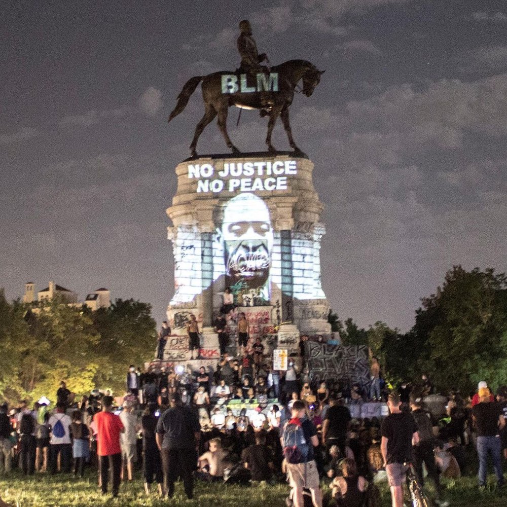 Dustin Klein and Alex Criqui, George Floyd projection on the Robert E. Lee Monument, Richmond, Virginia, 2020, courtesy of Dustin Klein and Alex Criqui.