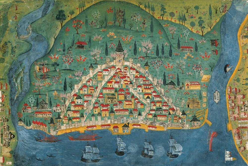  Matrakçı Nasuh, detail showing Galata with the tower and the fortification system from the painting of Istanbul, 16th century, image in public domain. 