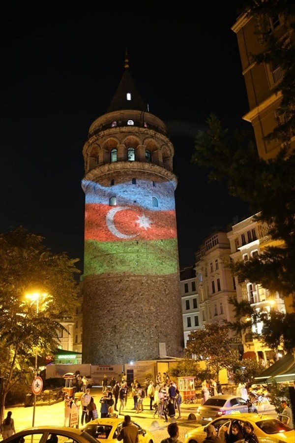  Azerbaijani flag projected on the Galata Tower to show support for Azerbaijan’s military conflict with Armenia, September 2020, photo from NTV. 