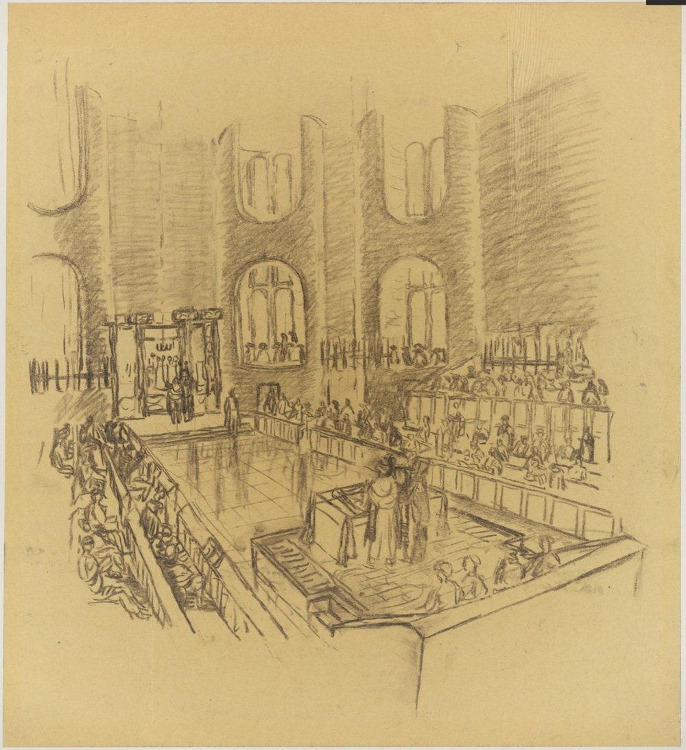 Louis I. Kahn, prospective sketch of the interior for the Mikveh Israel Synagogue project in Philadelphia, 1963. The Museum of Modern Art