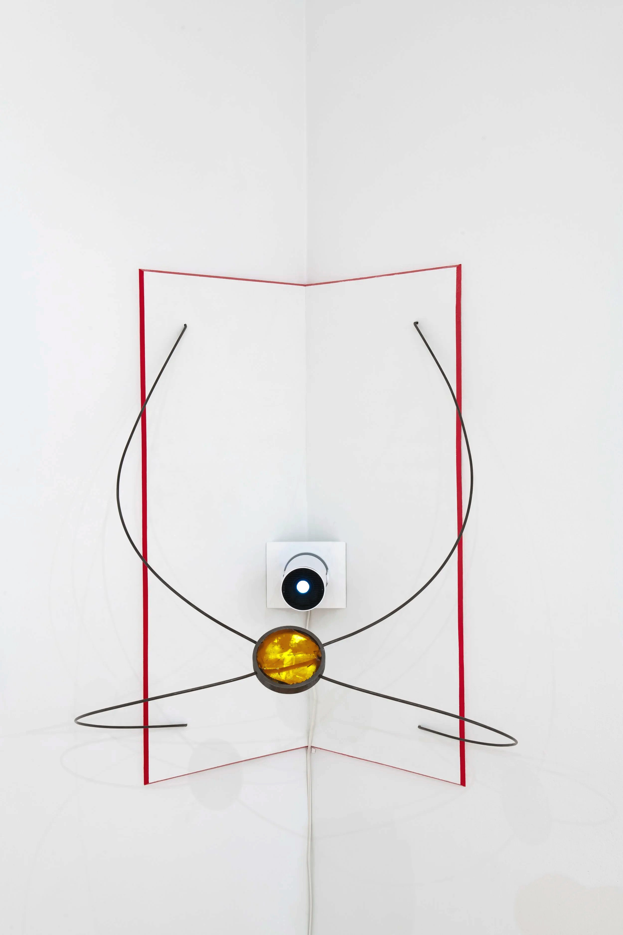 "Consider the Grip" (still)
Steel, pine rosin, projector, It Happens Every Spring (1949), Throwing in Baseball via 
Encyclopedia Brittanica (1947), found moon cycle and wave form videos. ~24”×36"×24" Photo Credit: John Carlano
