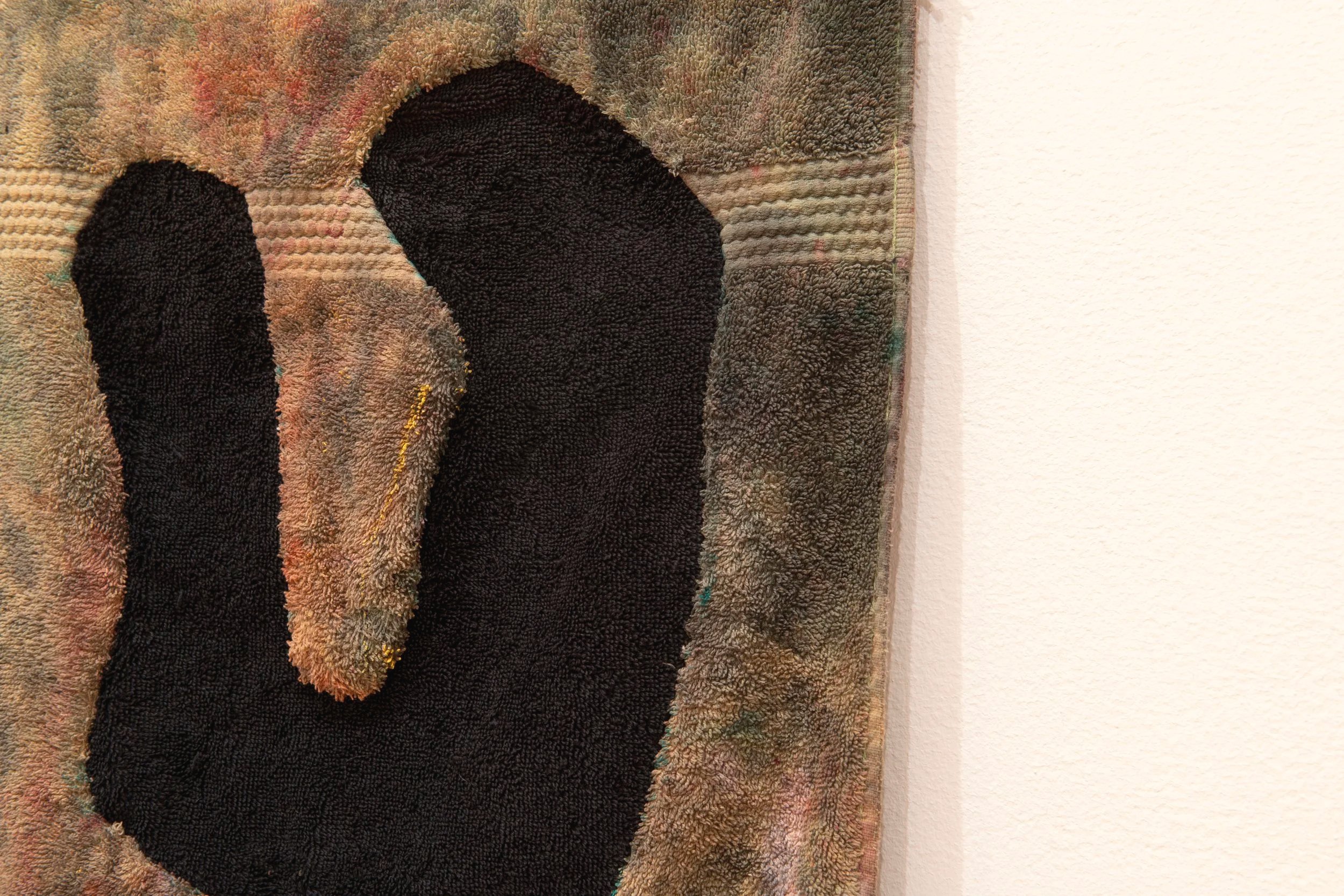 "Flooded," (detail) 
hand-stitched post-mortem dye kitchen rags. 14” x 24”. Photo Credit: John Carlano
