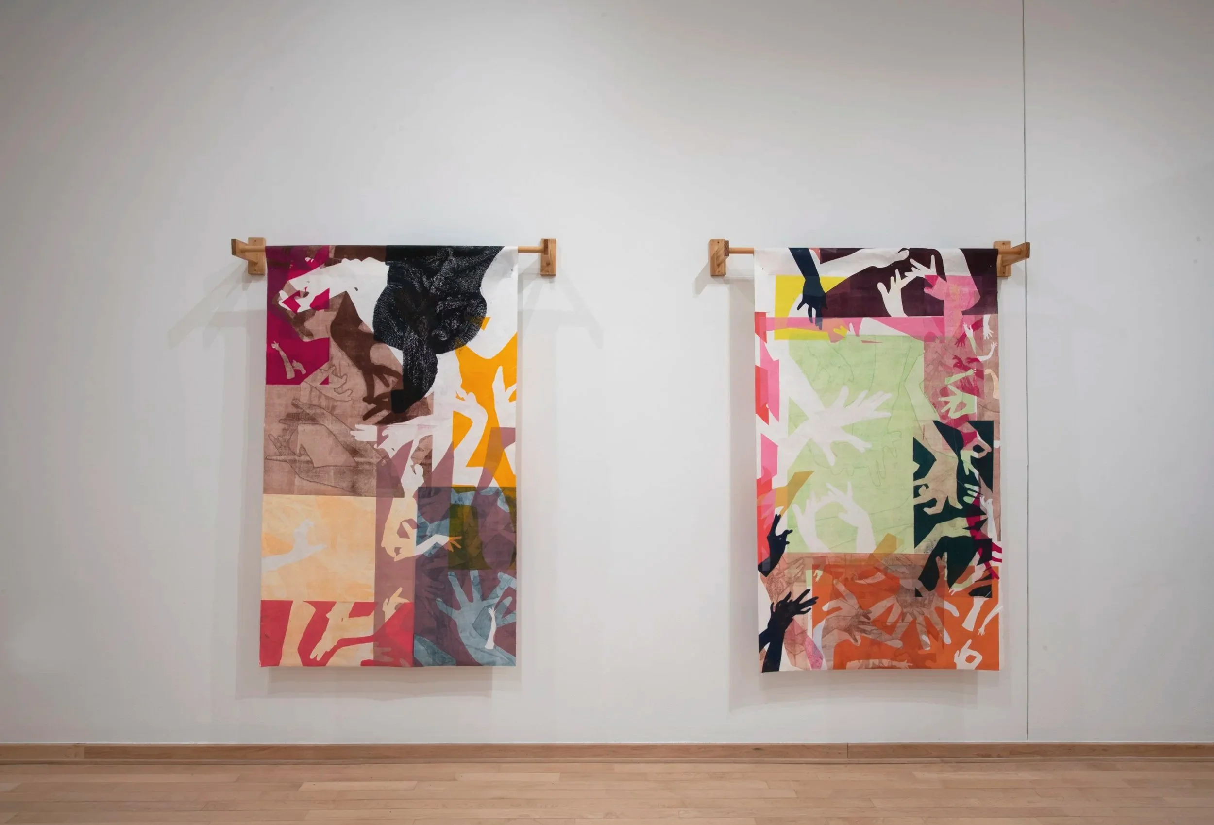 "Working Hands,"  

Installation view, 

Mono print on Mulberry Paper, Wood, Wood block print, 

Dimensions Variable, 

Photo credit: John Carlano 