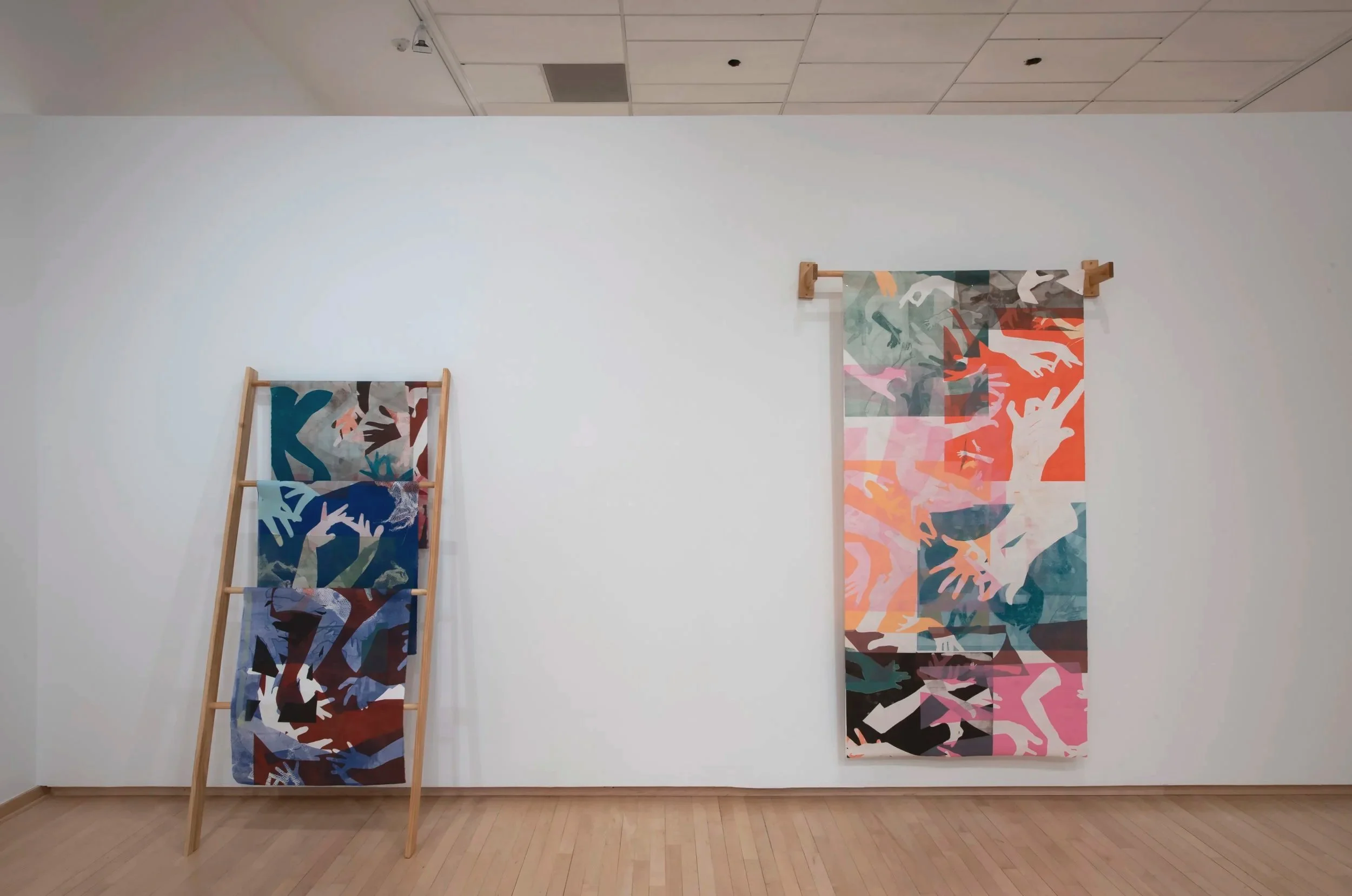 "Working Hands,"

Installation view 

Mono print on Mulberry Paper, Wood 

Dimensions Variable 

Photo credit: John Carlano 